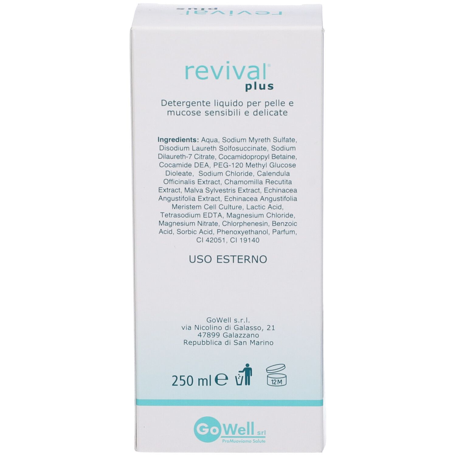 Retro della confezione. Scritta: revival plus, ingredienti, 250ml, dermatologicamente testato.