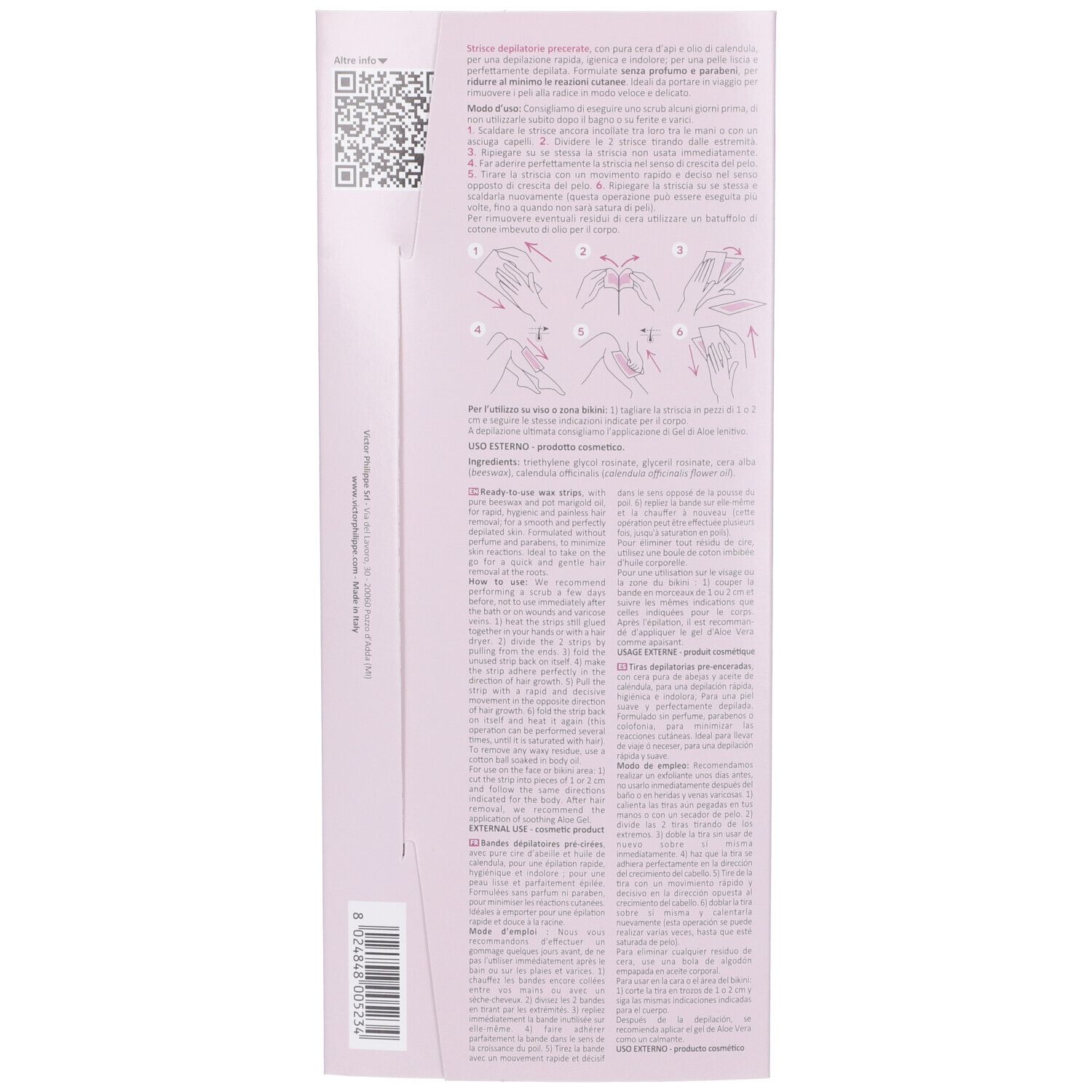 Retro della confezione Depilette. Testo multilingue. Illustrazioni per l'uso. Rosa e bianco.
