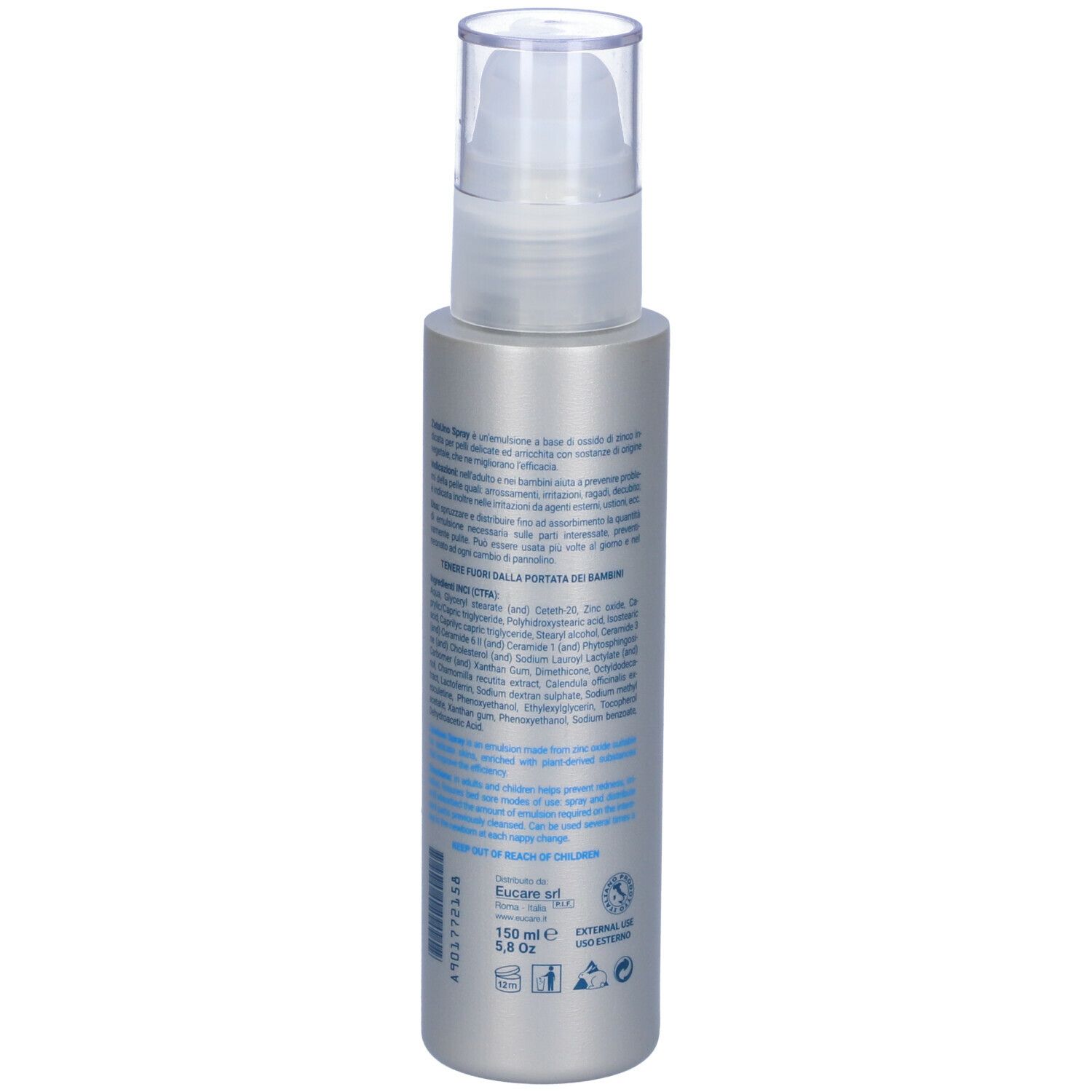 Retro di un flacone spray argentato con tappo trasparente. Testo multilingue. Nome del prodotto non visibile.
