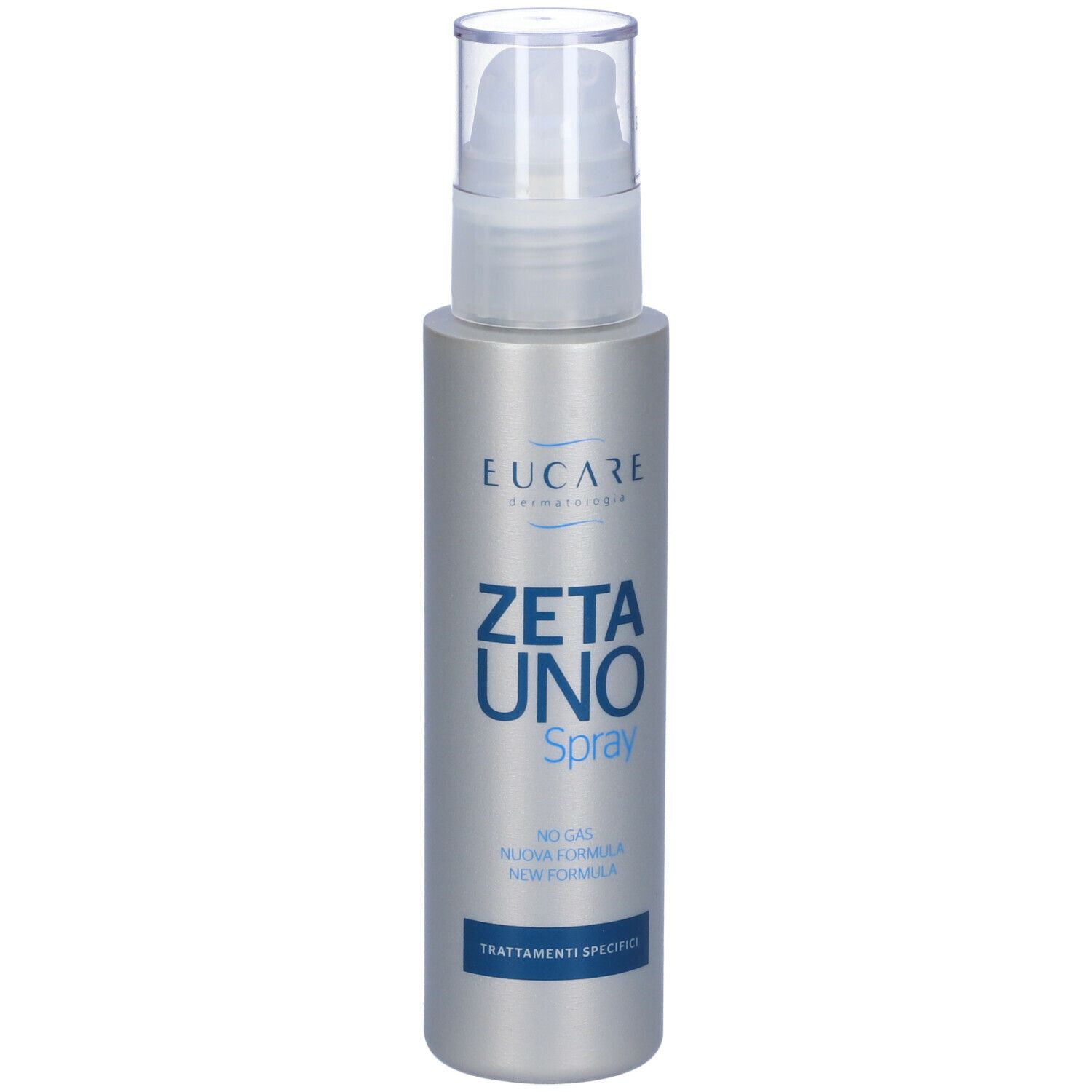 Flacone spray argentato con tappo trasparente. Scritta: EUCARE, ZETA UNO Spray, NO GAS, NUEVA FORMULA, NEW FORMULA, TRATTAMENTI SPECIFICI.