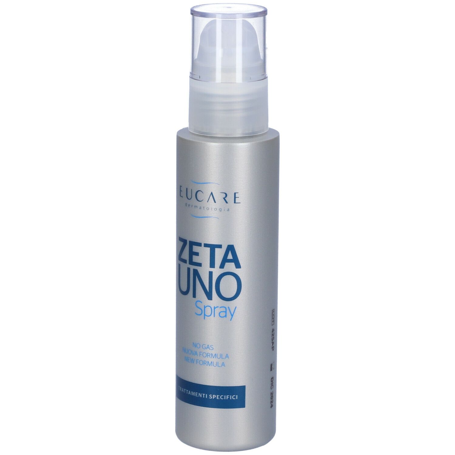 Flacone spray argentato con tappo trasparente. Scritta: EUCARE, ZETA UNO Spray, NO GAS, NUEVA FORMULA, NEW FORMULA, TRATTAMENTI SPECIFICI.