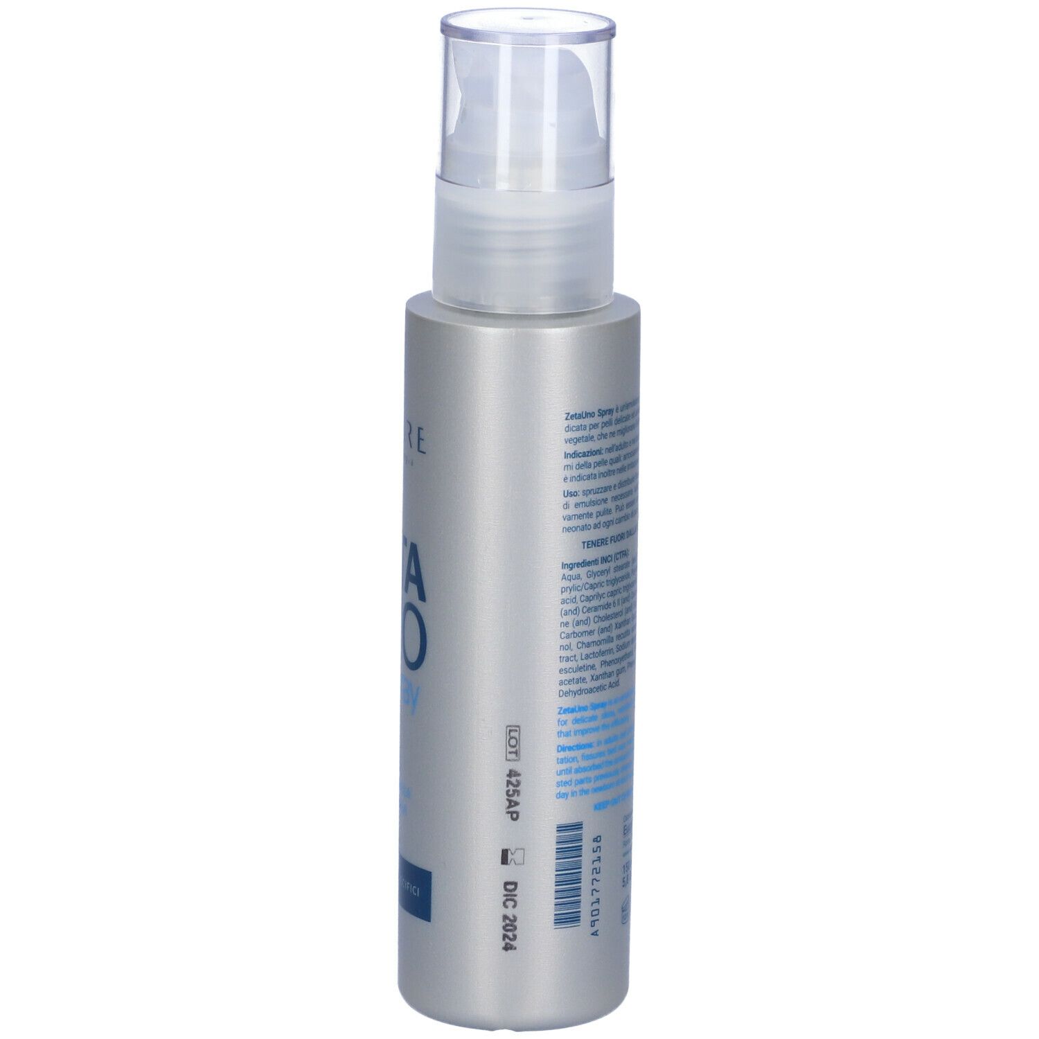 Flacone spray argentato con tappo trasparente. Testo laterale e codice a barre. Nome del prodotto non visibile.
