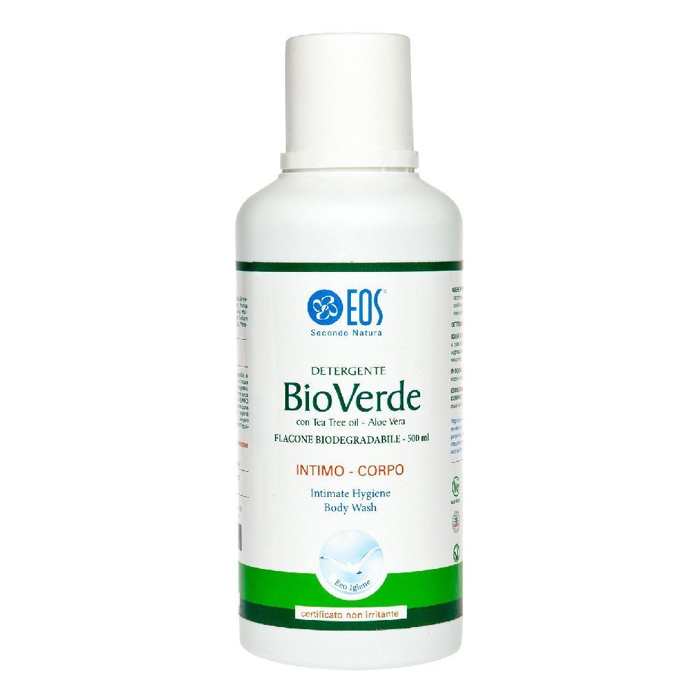 Flacone bianco con etichetta verde. Scritta: BioVerde, detergente intimo. Logo: EOS. Flacone con tappo a ribalta.