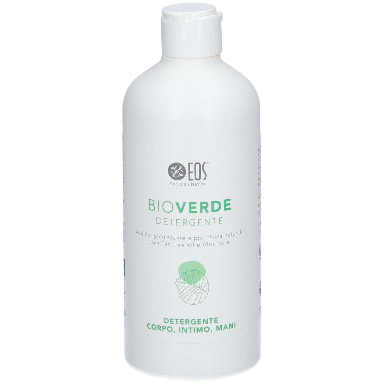 Flacone bianco con etichetta verde. Scritta: BioVerde, detergente intimo. Logo: EOS. Flacone con tappo a ribalta.