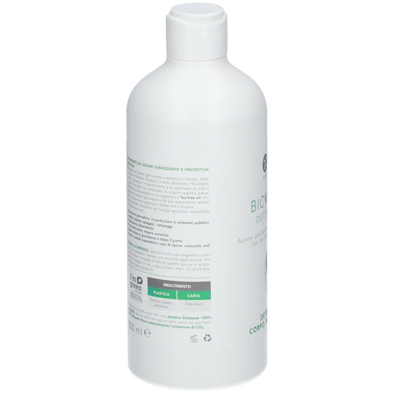 Flacone bianco con etichetta verde. Scritta: BioVerde, detergente intimo. Logo: EOS. Flacone con tappo a ribalta.
