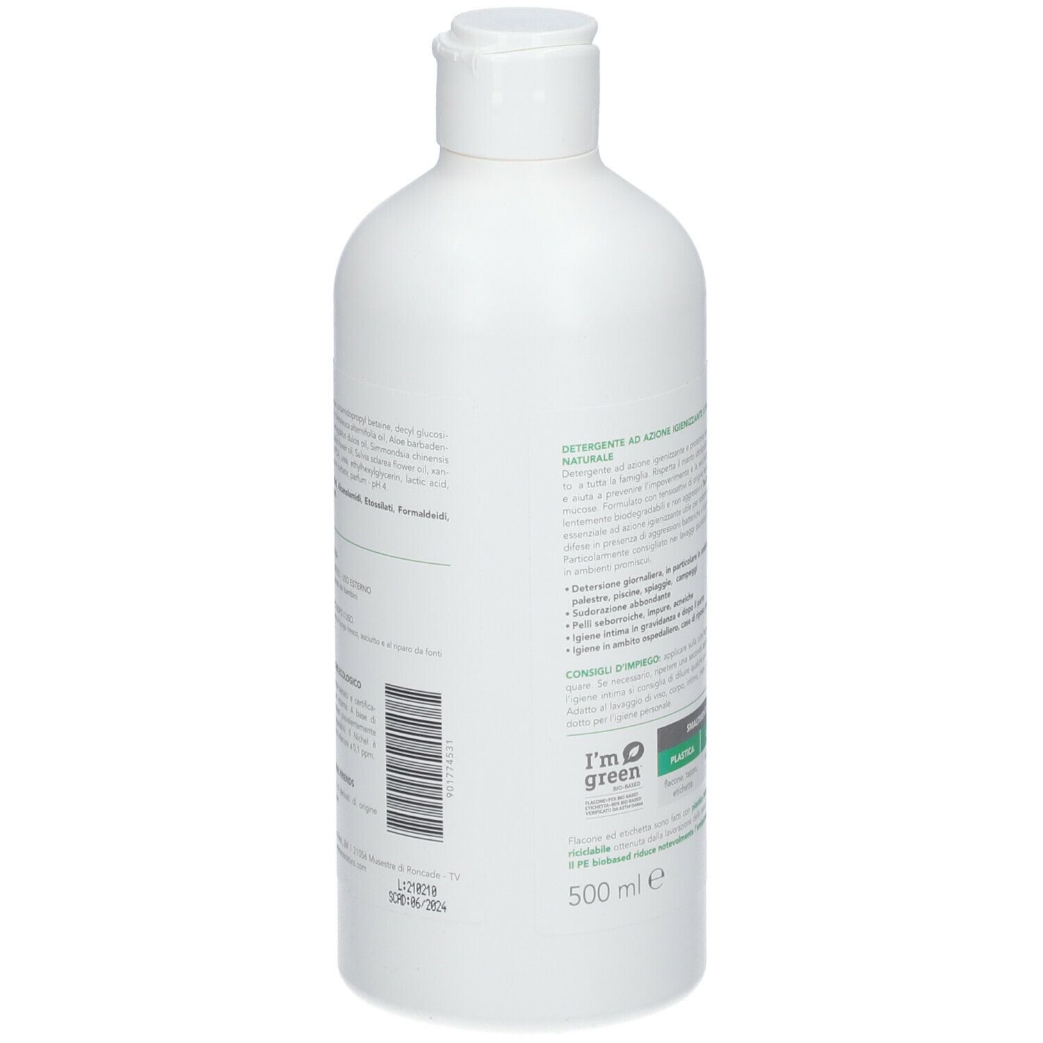 Flacone bianco con etichetta verde. Scritta: BioVerde, detergente intimo. Logo: EOS. Flacone con tappo a ribalta.