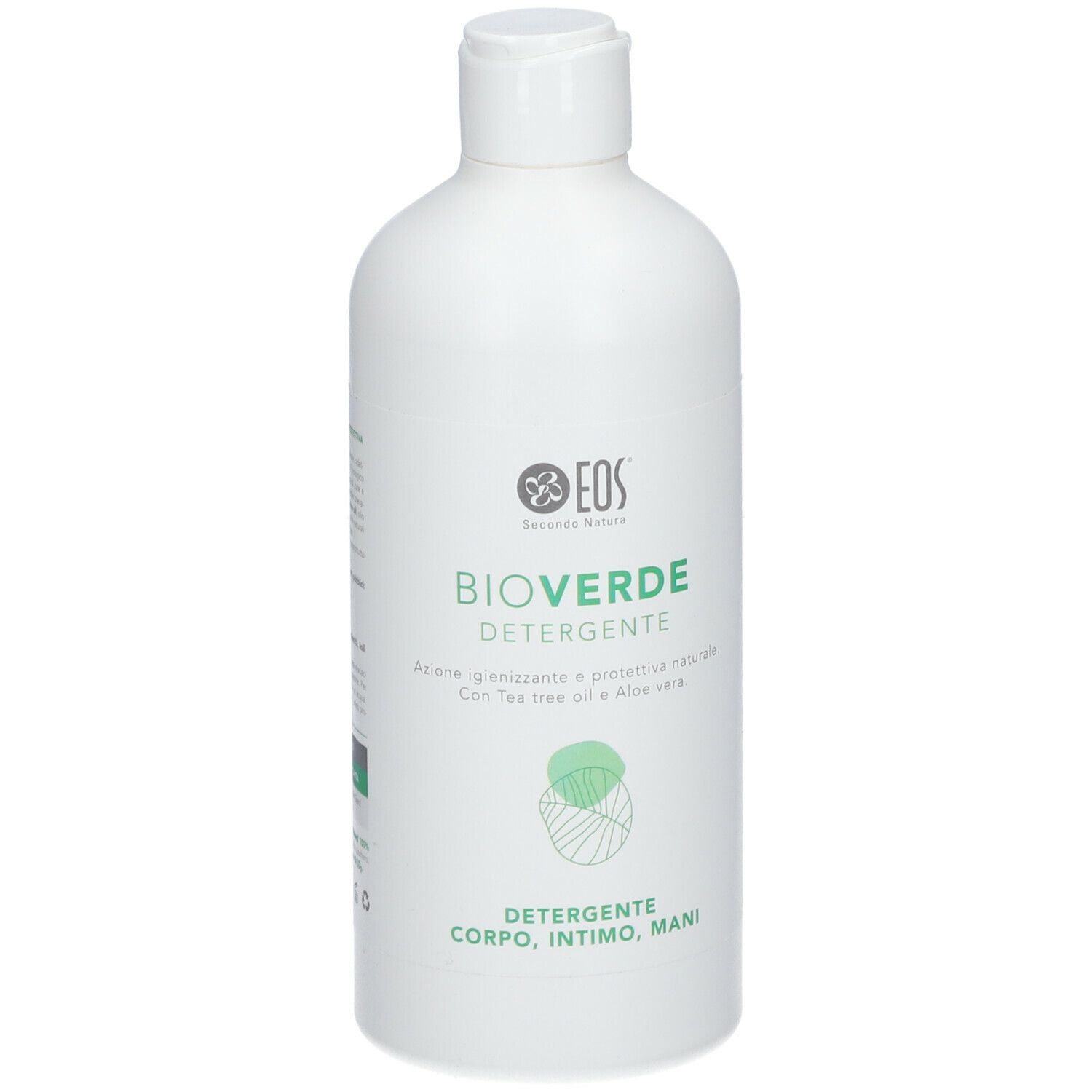 Flacone bianco con etichetta verde. Scritta: BioVerde, detergente intimo. Logo: EOS. Flacone con tappo a ribalta.