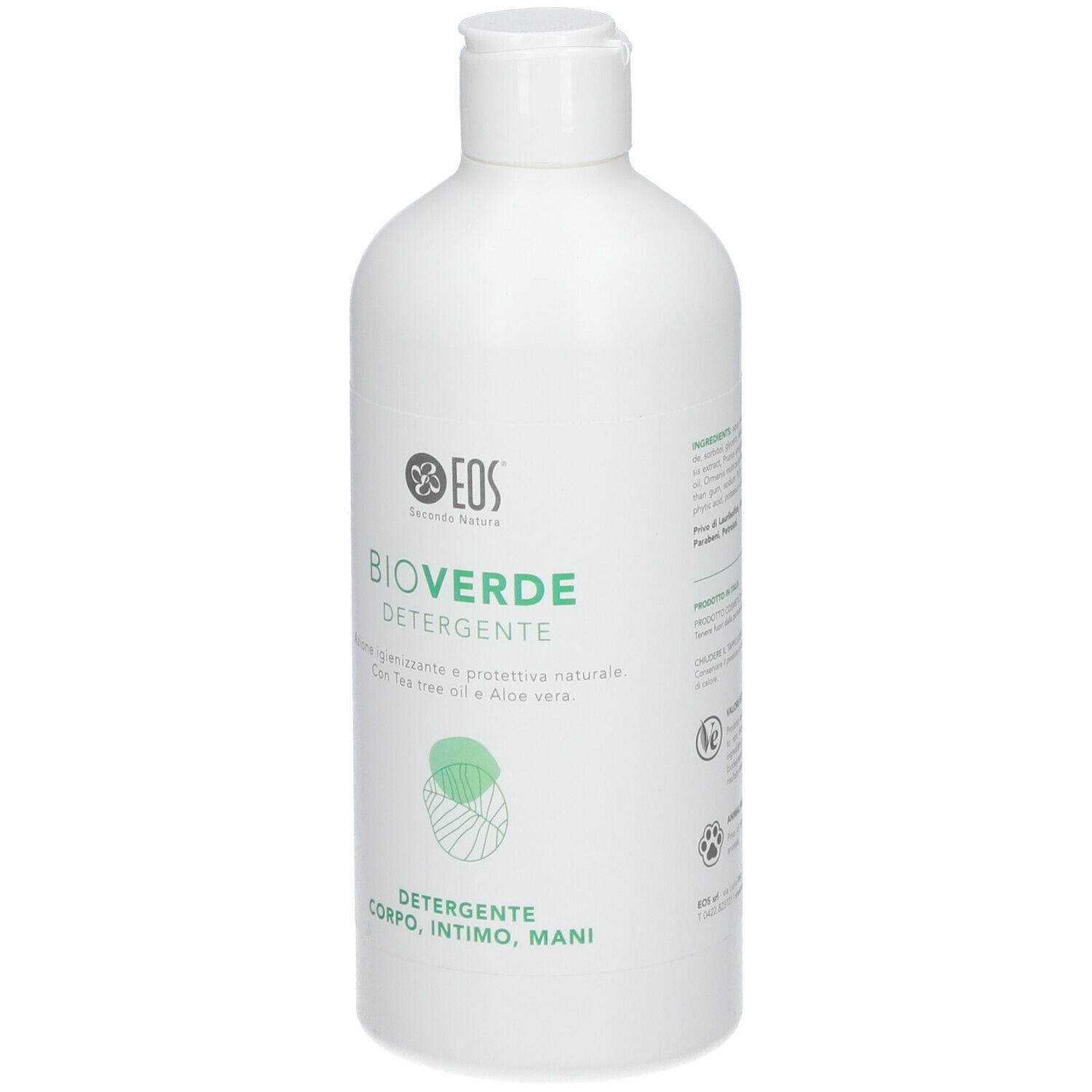 Flacone bianco con etichetta verde. Scritta: BioVerde, detergente intimo. Logo: EOS. Flacone con tappo a ribalta.