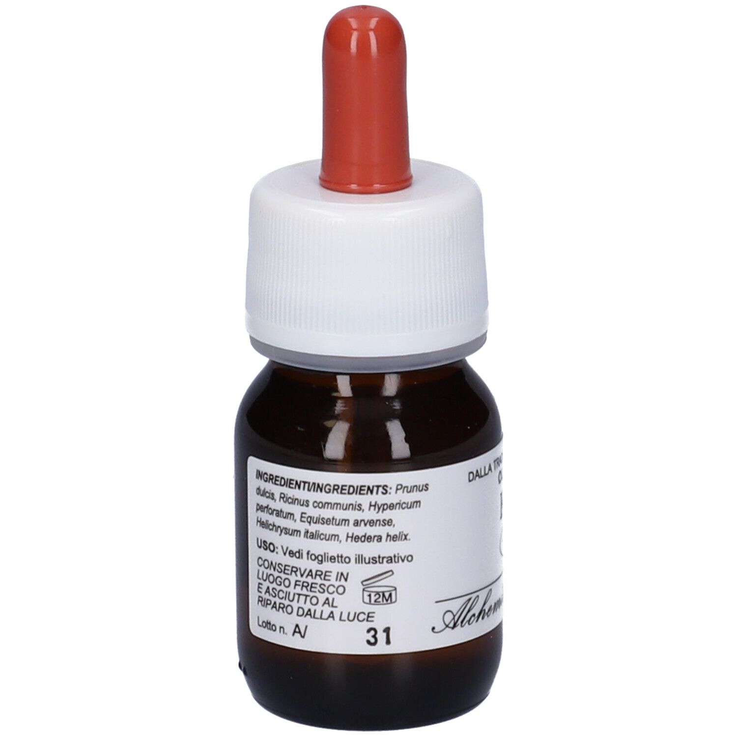 Flacone di vetro marrone con tappo bianco e contagocce rosso. Etichetta con ingredienti e testo. Alchemica Valgelata.