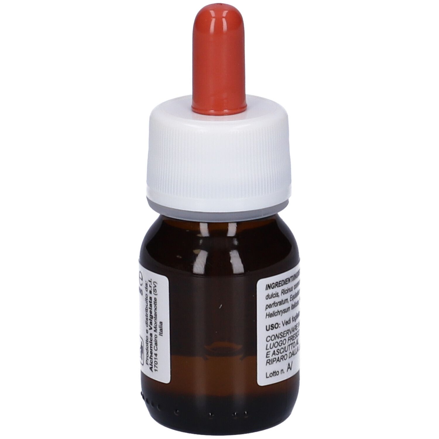 Flacone di vetro marrone con tappo bianco e contagocce rosso. Etichetta con ingredienti e testo. Alchemica Valgelata.