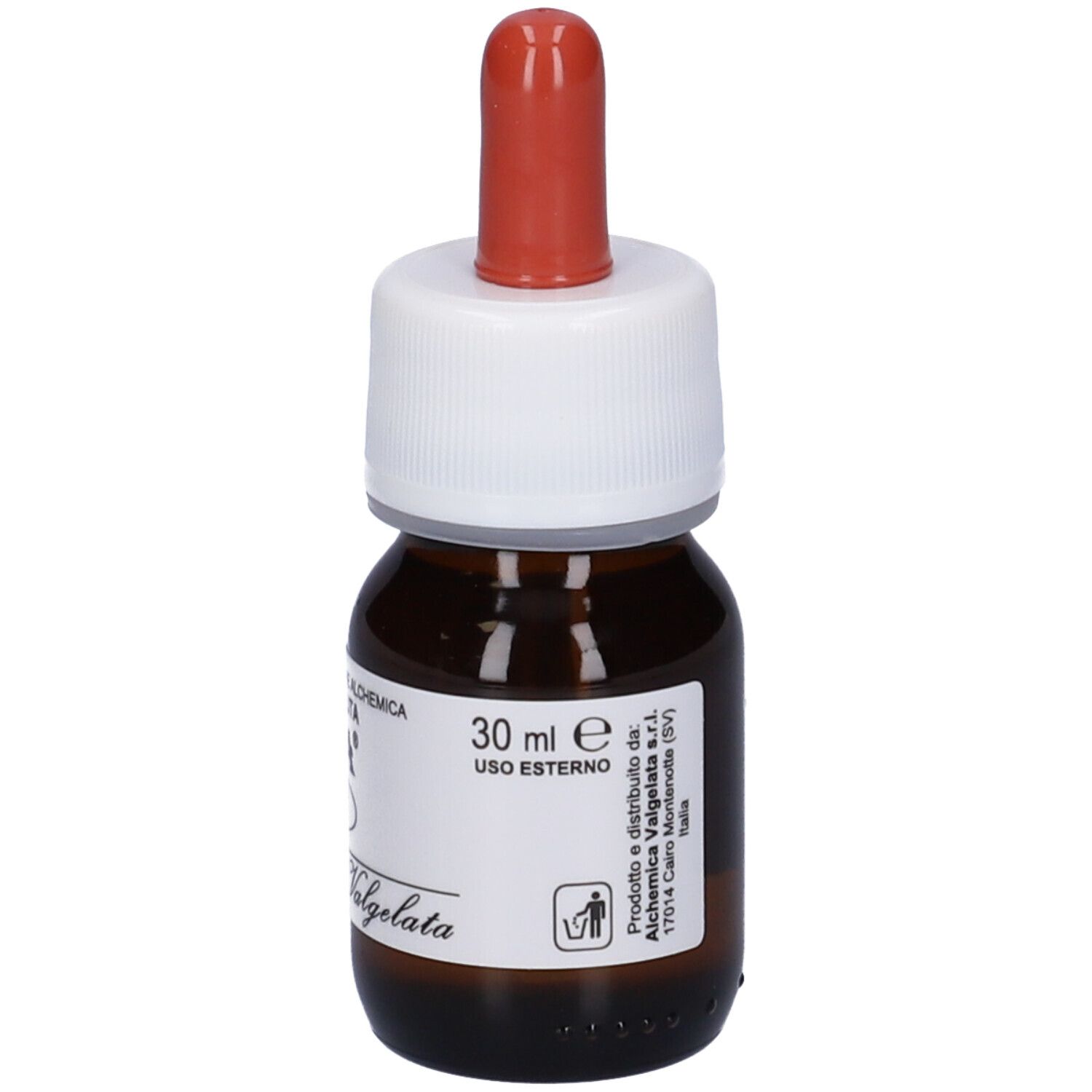 Flacone di vetro marrone con tappo bianco e contagocce rosso. Etichetta con 30 ml e testo. Alchemica Valgelata.