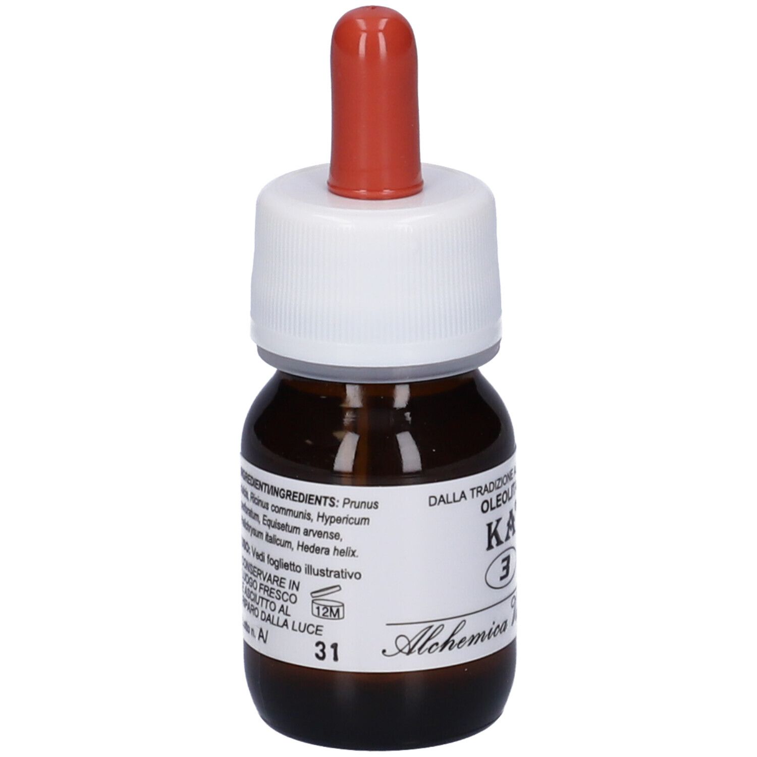 Flacone di vetro marrone con tappo bianco e contagocce rosso. Etichetta con KA 3 e testo. Alchemica Valgelata.