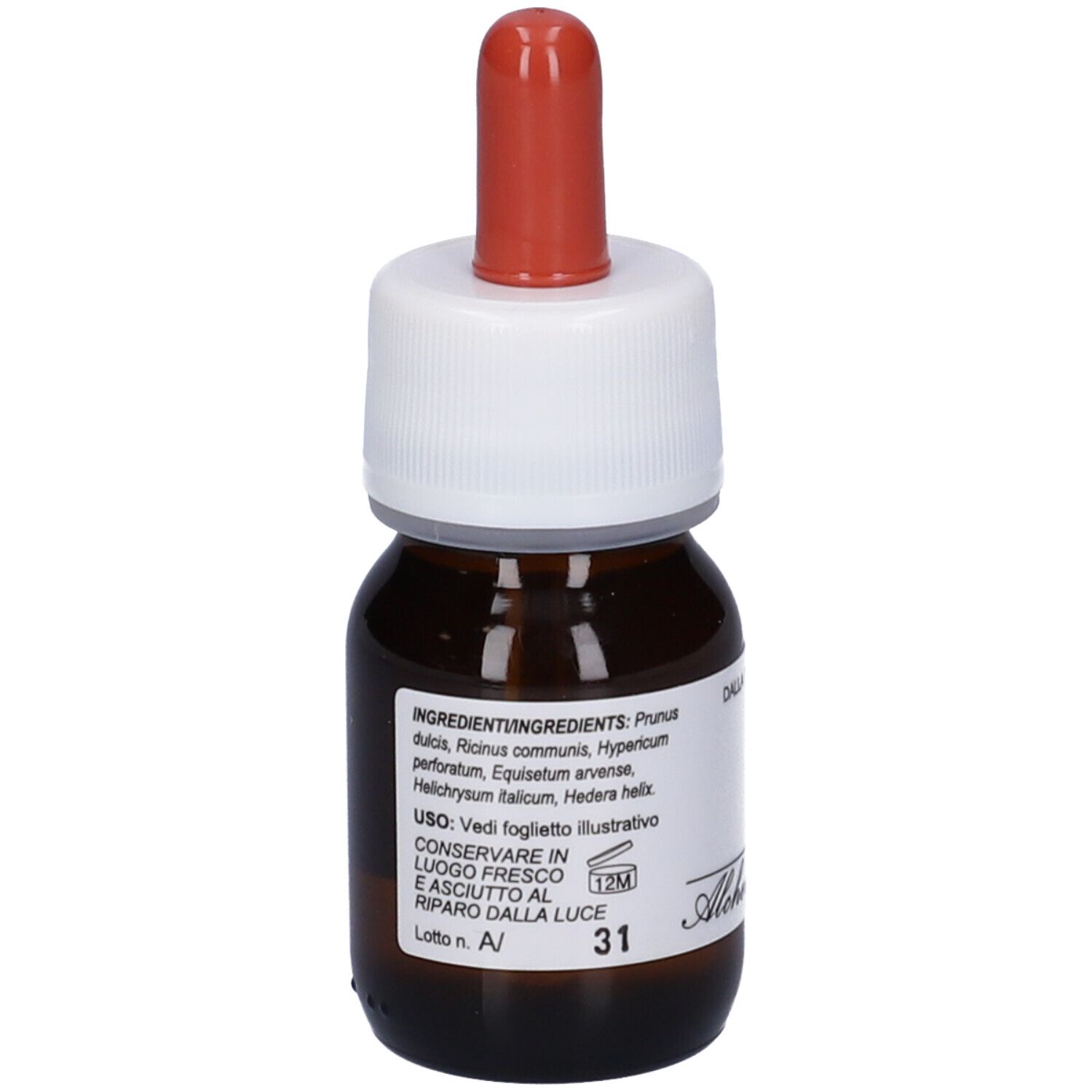 Flacone di vetro marrone con tappo bianco e contagocce rosso. Etichetta con KA 3 e testo. Alchemica Valgelata.