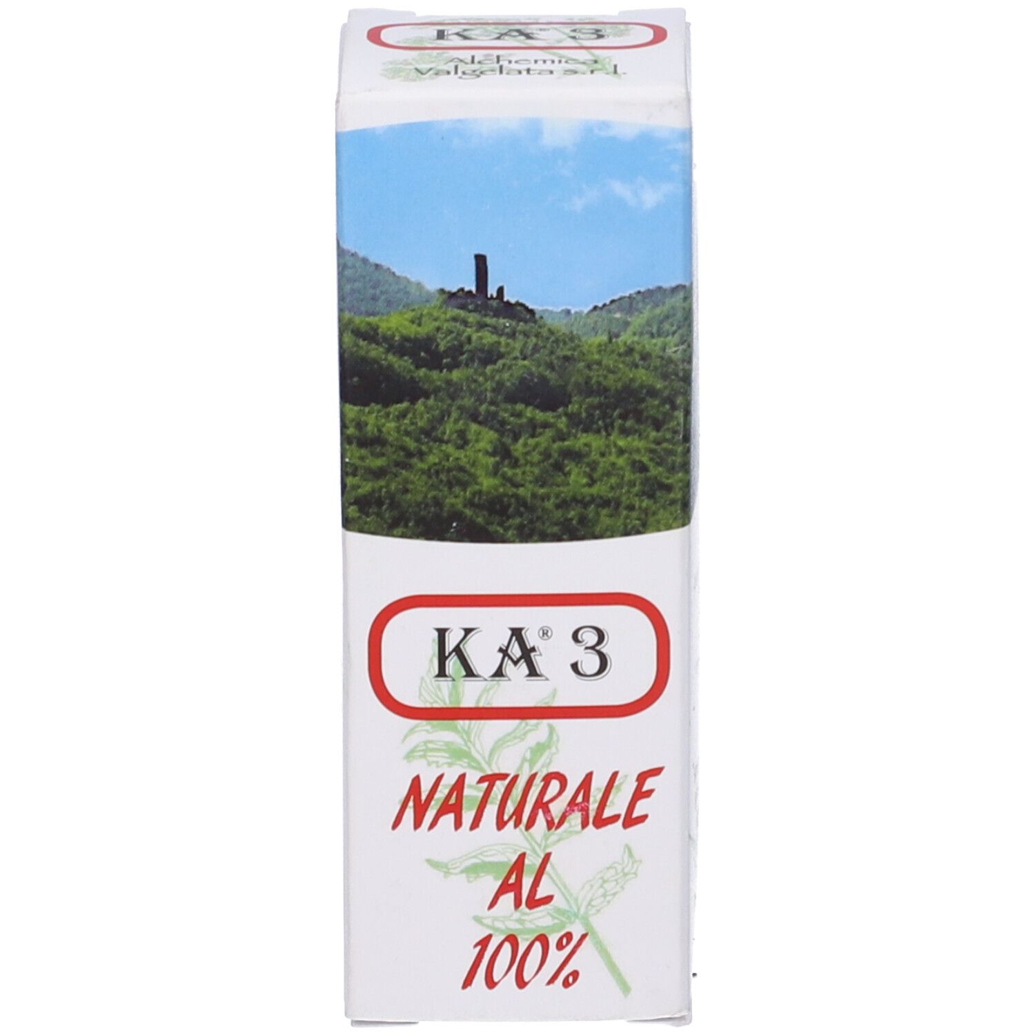 Scatola bianca con KA 3, Naturale al 100% e paesaggio. Alchemica Valgelata.