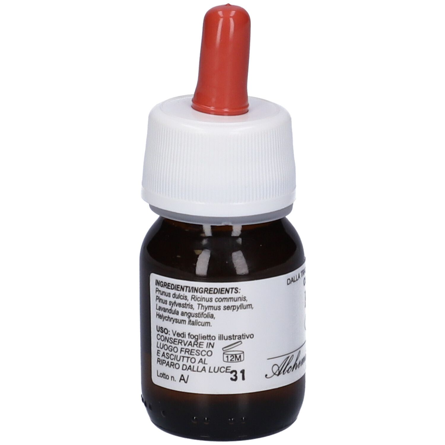 Flacone di vetro marrone con contagocce rosso. Etichetta con ingredienti e testo. Alchemica Valgela. 12M.