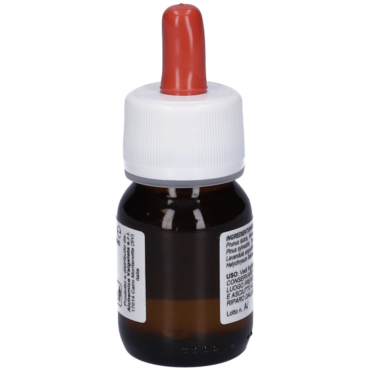 Flacone di vetro marrone con contagocce rosso. Etichetta con ingredienti e testo. Alchemica Valgela. 12M.