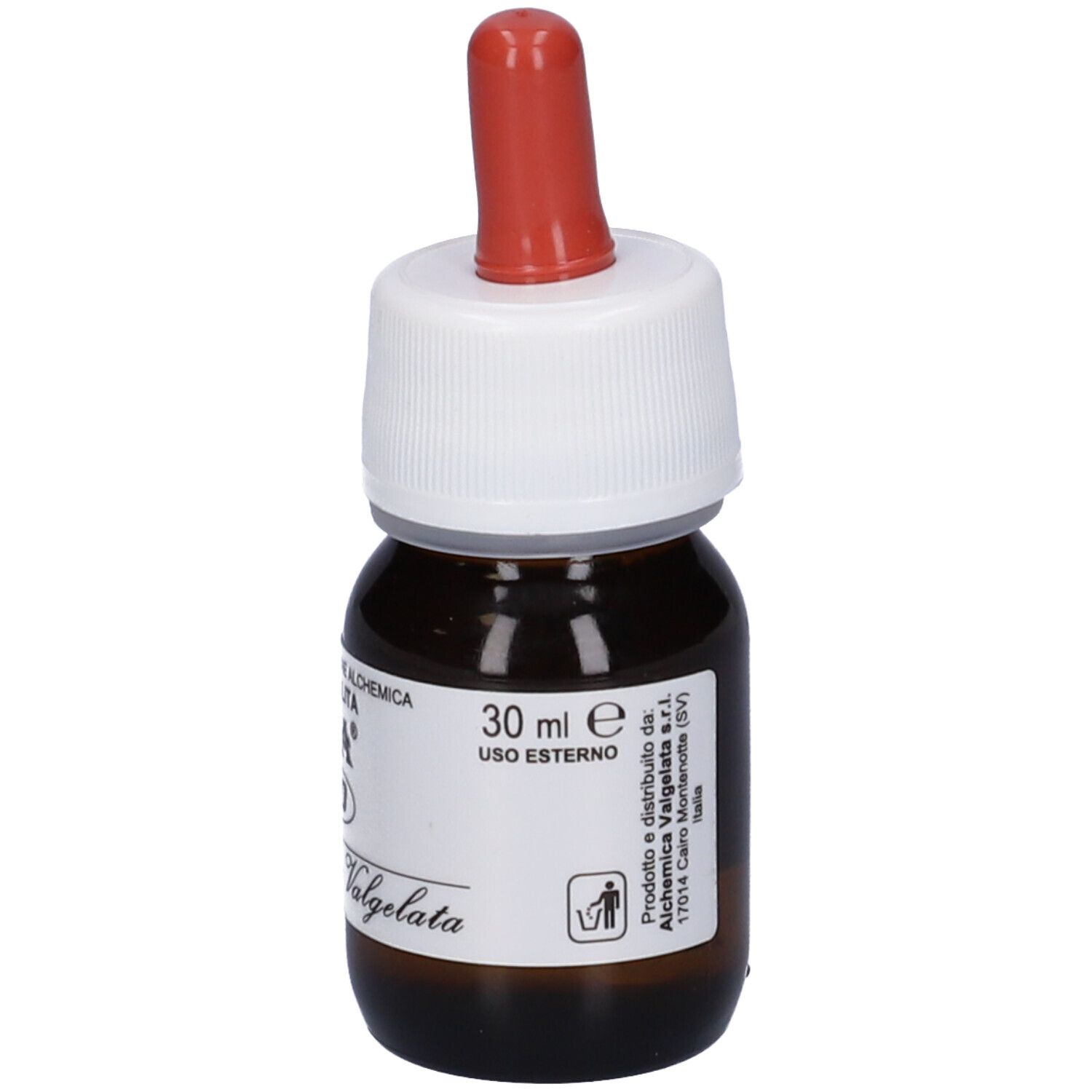 Flacone di vetro marrone con contagocce rosso. Etichetta con testo: 30 ml, Uso Esterno. Alchemica Valgela. 12M.