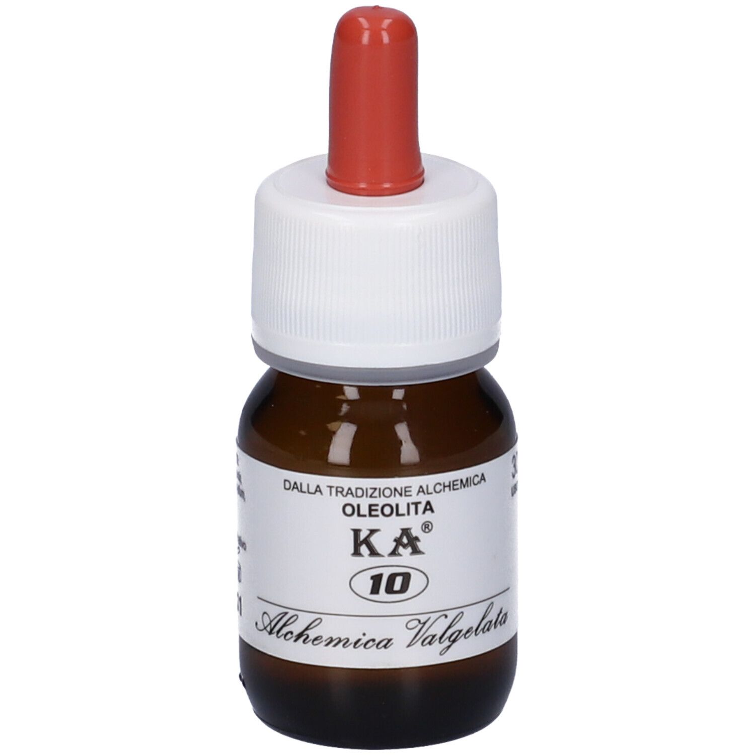 Flacone di vetro marrone con contagocce rosso. Etichetta con testo: KA 10, Oleolita. Alchemica Valgela.