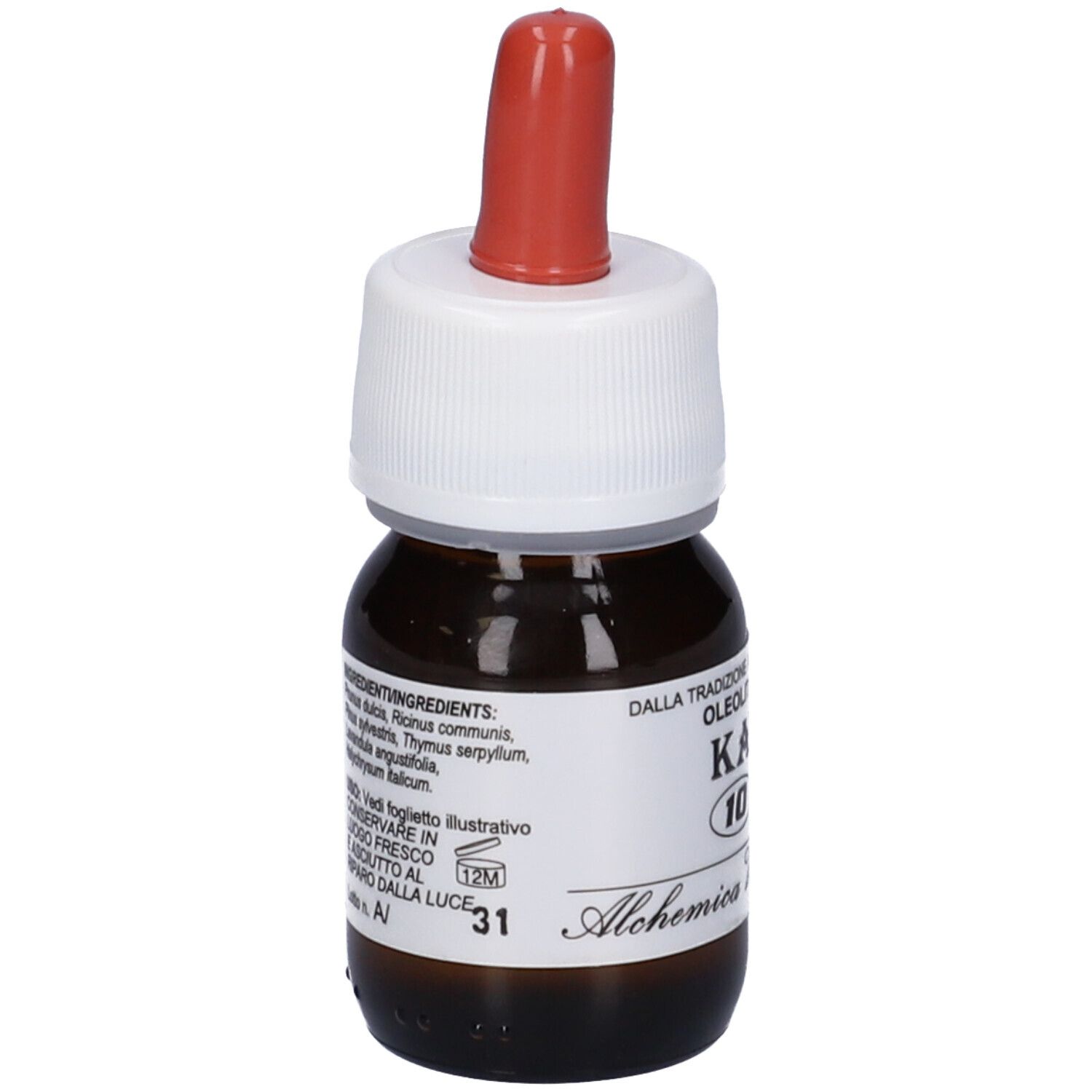 Flacone di vetro marrone con contagocce rosso. Etichetta con testo: KA 10, Oleolita. Alchemica Valgela. 12M.