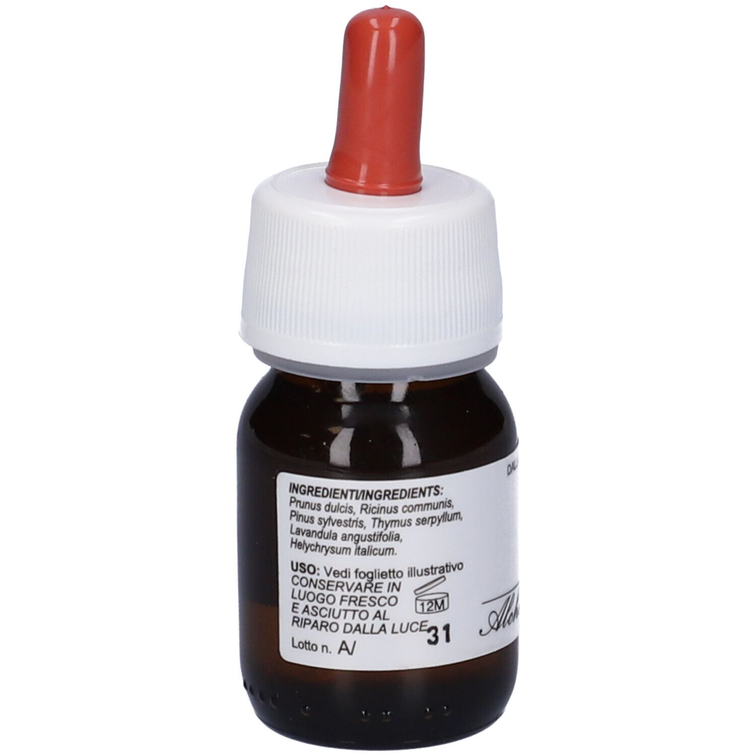 Flacone di vetro marrone con contagocce rosso. Etichetta con ingredienti e testo. Alchemica Valgela. 12M.