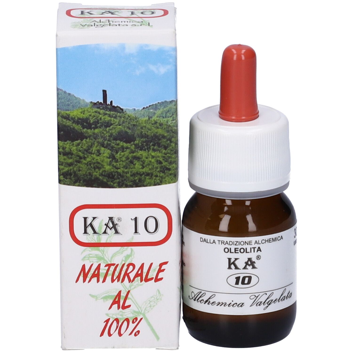 Flacone del prodotto con confezione. Confezione con testo: KA 10, Naturale al 100%. Alchemica Valgela.