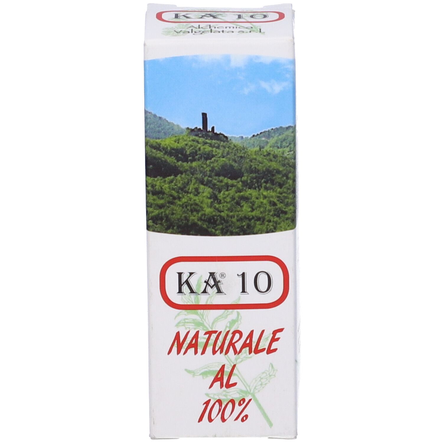 Confezione del prodotto con testo: KA 10, Naturale al 100%. Alchemica Valgela. Sfondo paesaggistico.