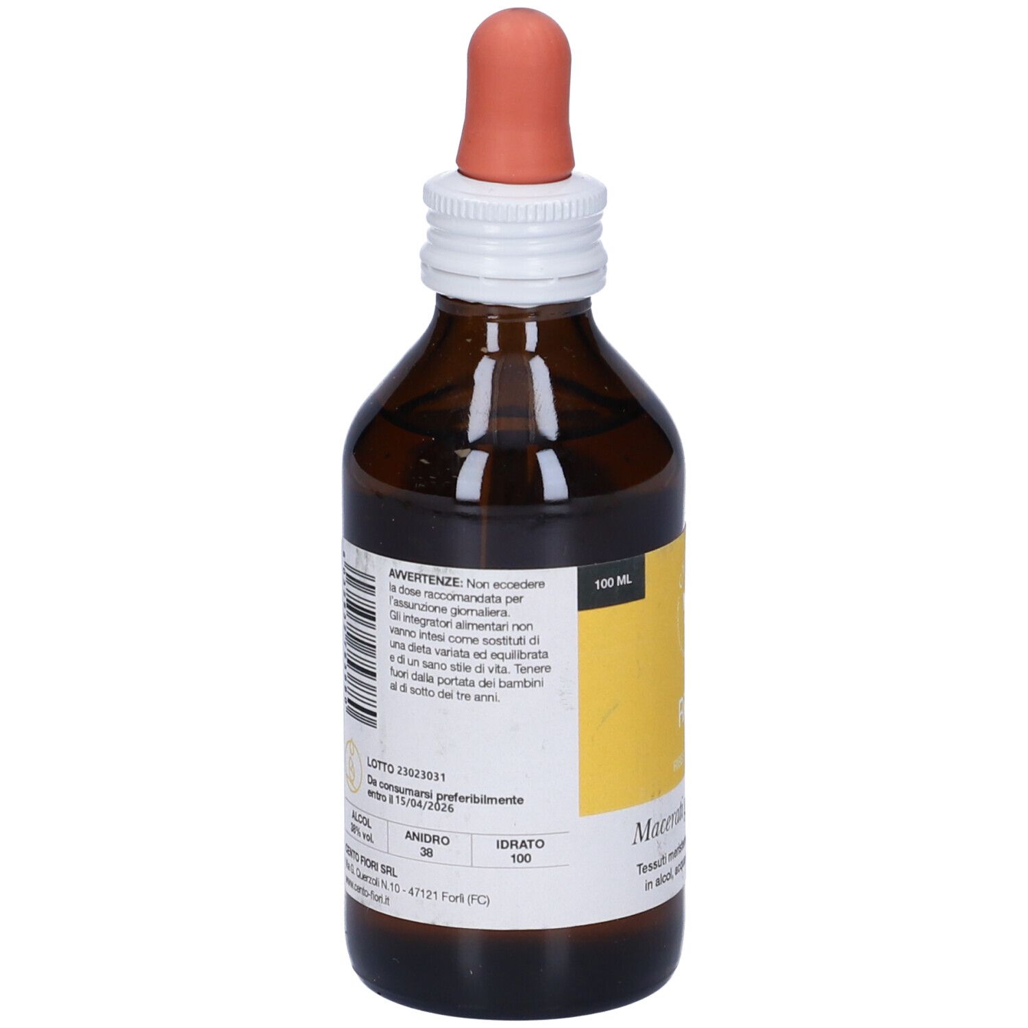 Flacone di vetro marrone, retro con testo ed etichetta. Scritta: 100 ml. Tappo a vite bianco, contagocce.