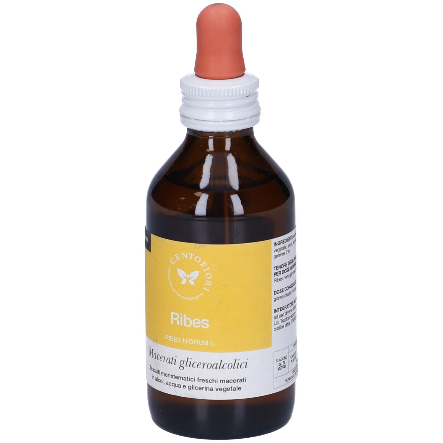 Flacone di vetro marrone con etichetta gialla. Scritta: Ribes, Macerati gliceroalcolici. Contagocce.