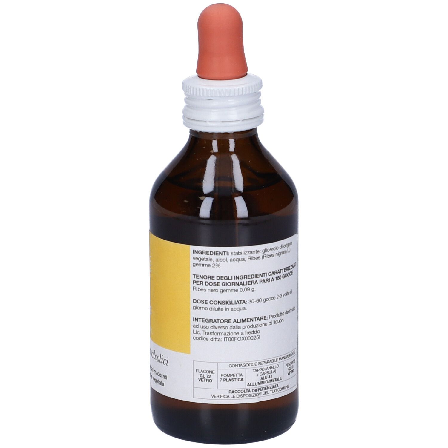 Flacone di vetro marrone, retro con testo ed etichetta. Contagocce. Scritta: Ingredienti, dosaggio.