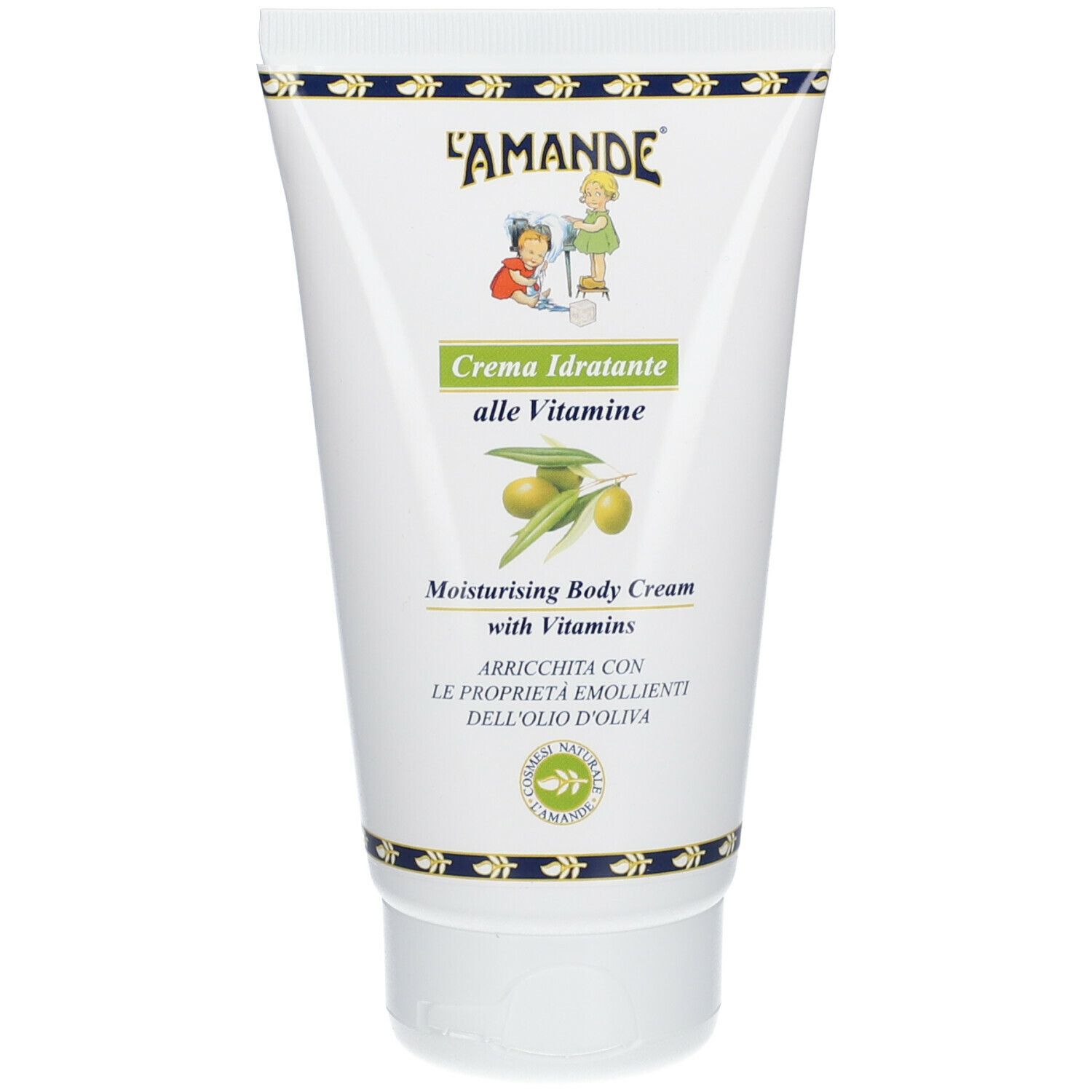 Tubo bianco con stampa del prodotto. "L'AMANDE" in alto. Scritta "Crema Idratante alle Vitamine".