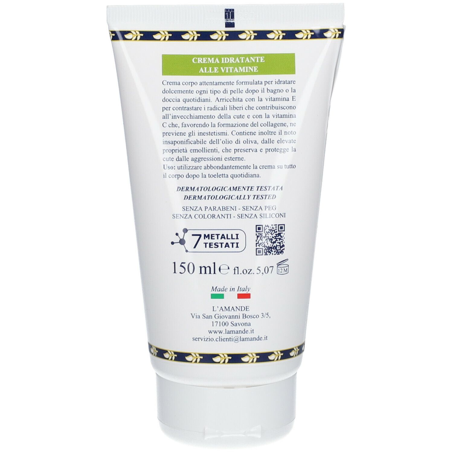Retro del tubo. Testo con informazioni sul prodotto. "Crema Idratante alle Vitamine". 7 metalli testati.