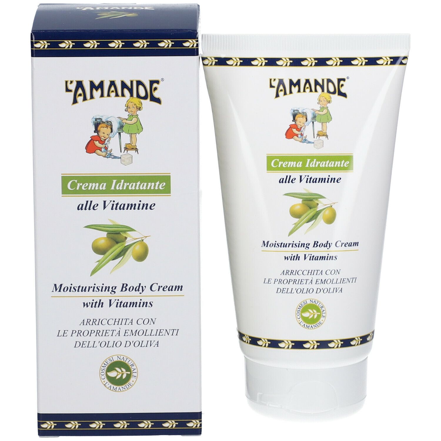 Confezione del prodotto con tubo e scatola. Scritta "L'AMANDE". "Crema Idratante alle Vitamine". Illustrazione di olive.