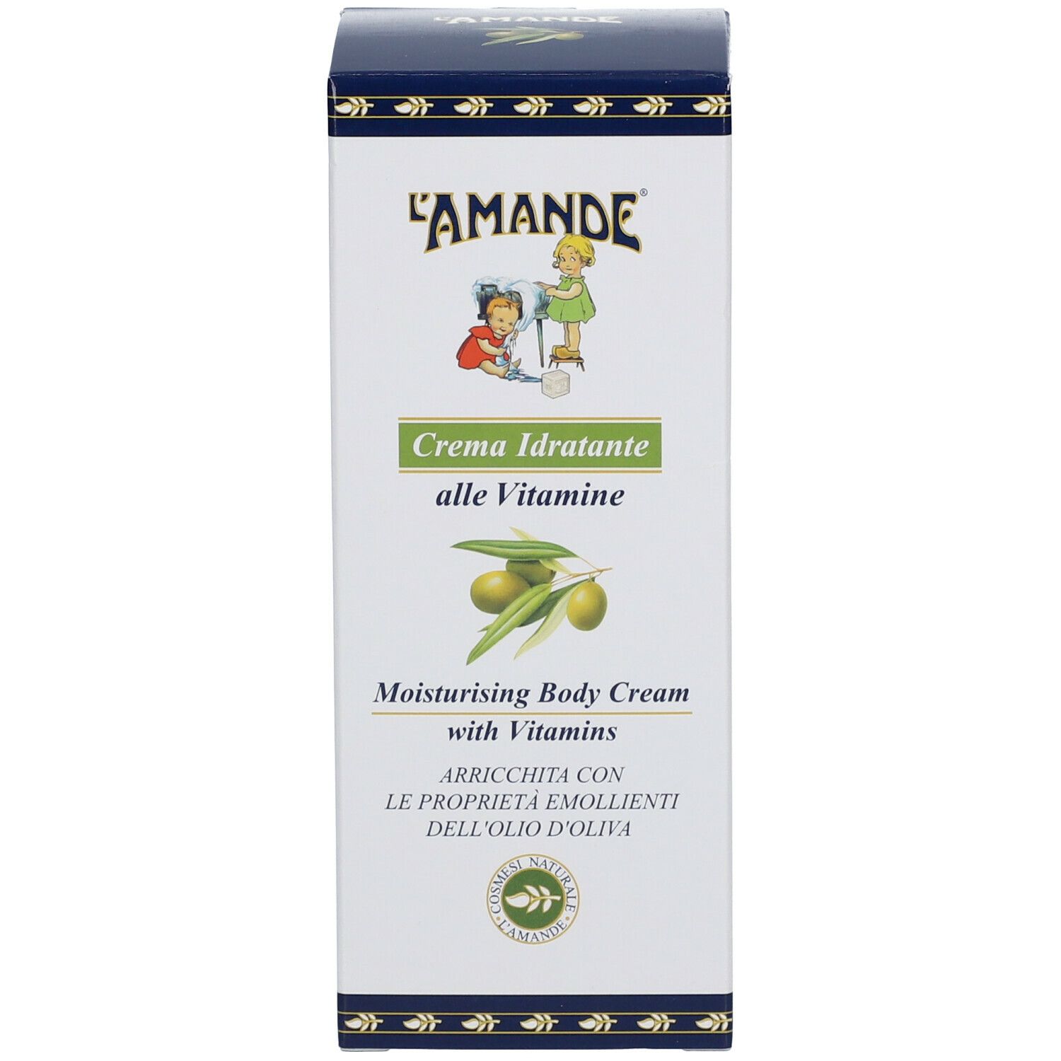 Confezione in cartone. Scritta "L'AMANDE". "Crema Idratante alle Vitamine". Illustrazione di olive.