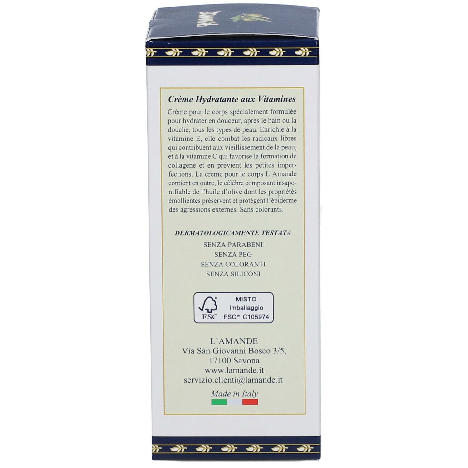 Retro della confezione in cartone. Testo con informazioni sul prodotto. "Crème Hydratante aux Vitamines". Logo FSC.