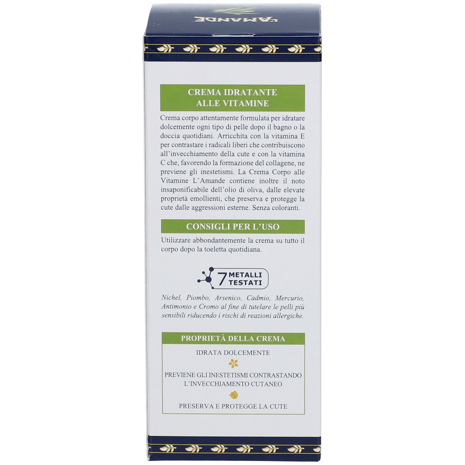 Retro della confezione in cartone. Testo con informazioni sul prodotto. "Crema Idratante alle Vitamine". 7 metalli testati.