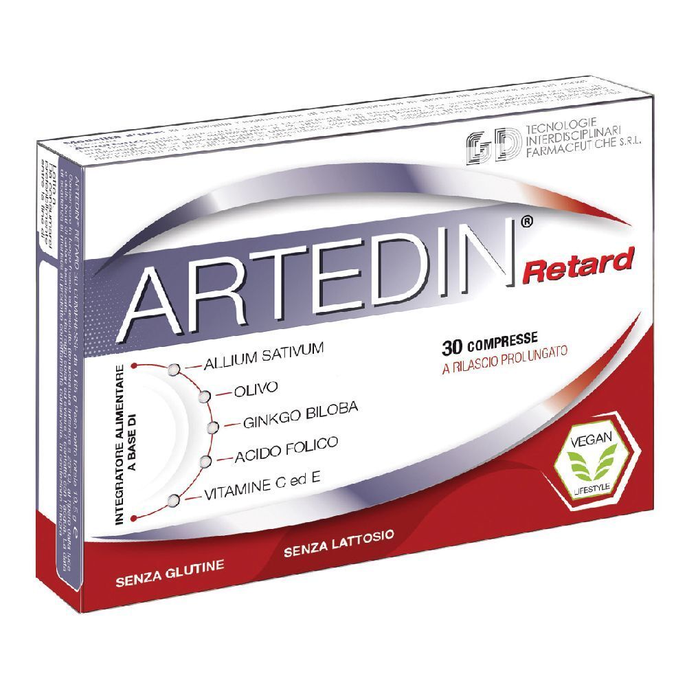 Scatola "Artedin Retard" con 30 compresse. Contiene aglio, oliva, Ginkgo Biloba e vitamina C. Sigillo vegano.
