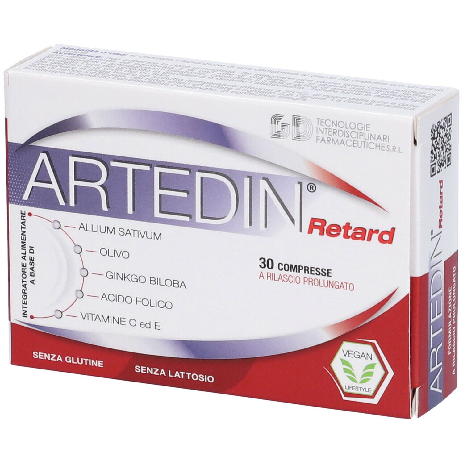 Scatola "Artedin Retard" con 30 compresse. Contiene aglio, oliva, Ginkgo Biloba. Sigillo vegano. Accenti viola e rossi.