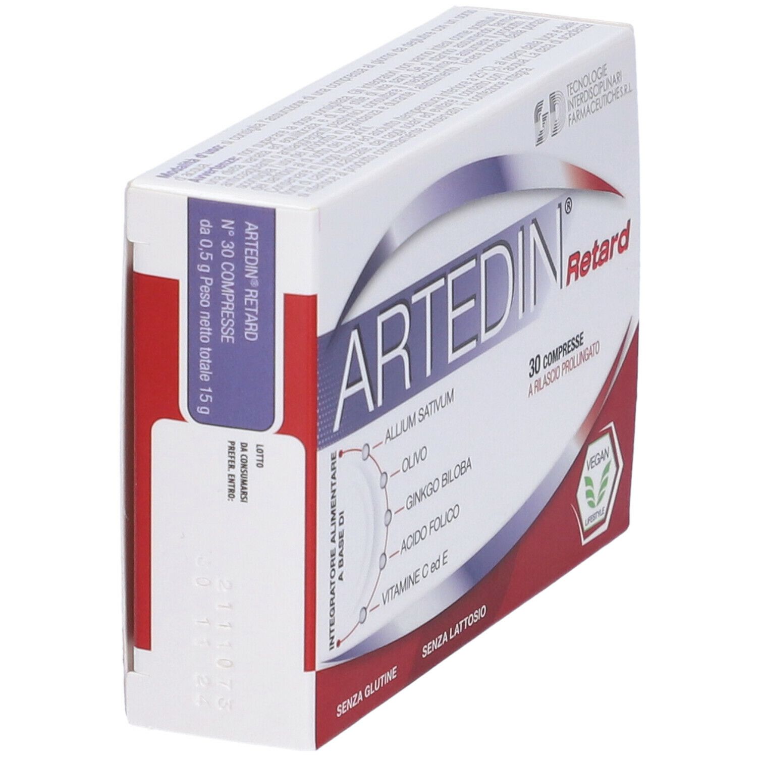 Scatola "Artedin Retard" con 30 compresse. Contiene aglio, oliva, Ginkgo Biloba. Sigillo vegano. Vista laterale.