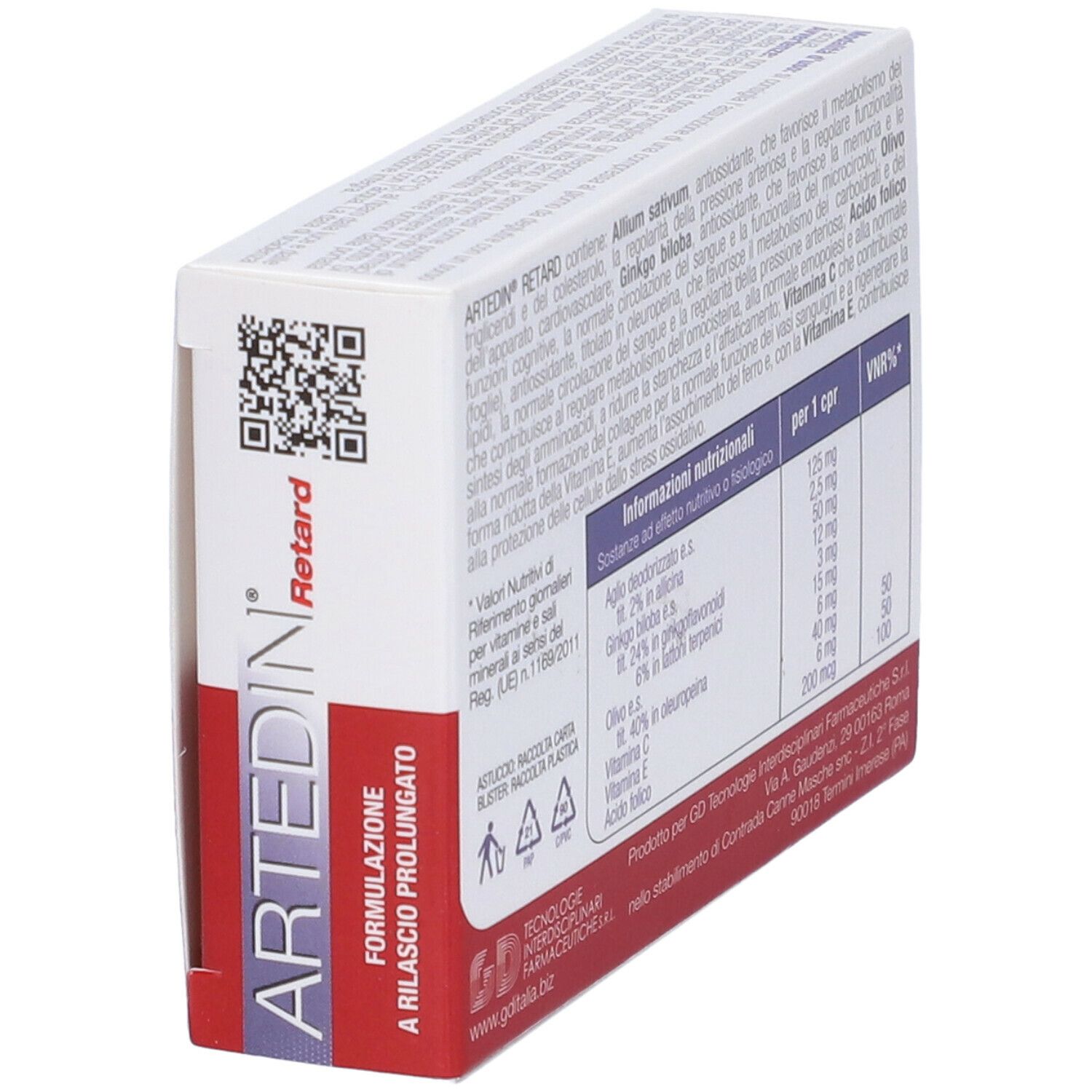 Scatola "Artedin Retard" con informazioni nutrizionali. Contiene aglio e Ginkgo Biloba. Codice QR.