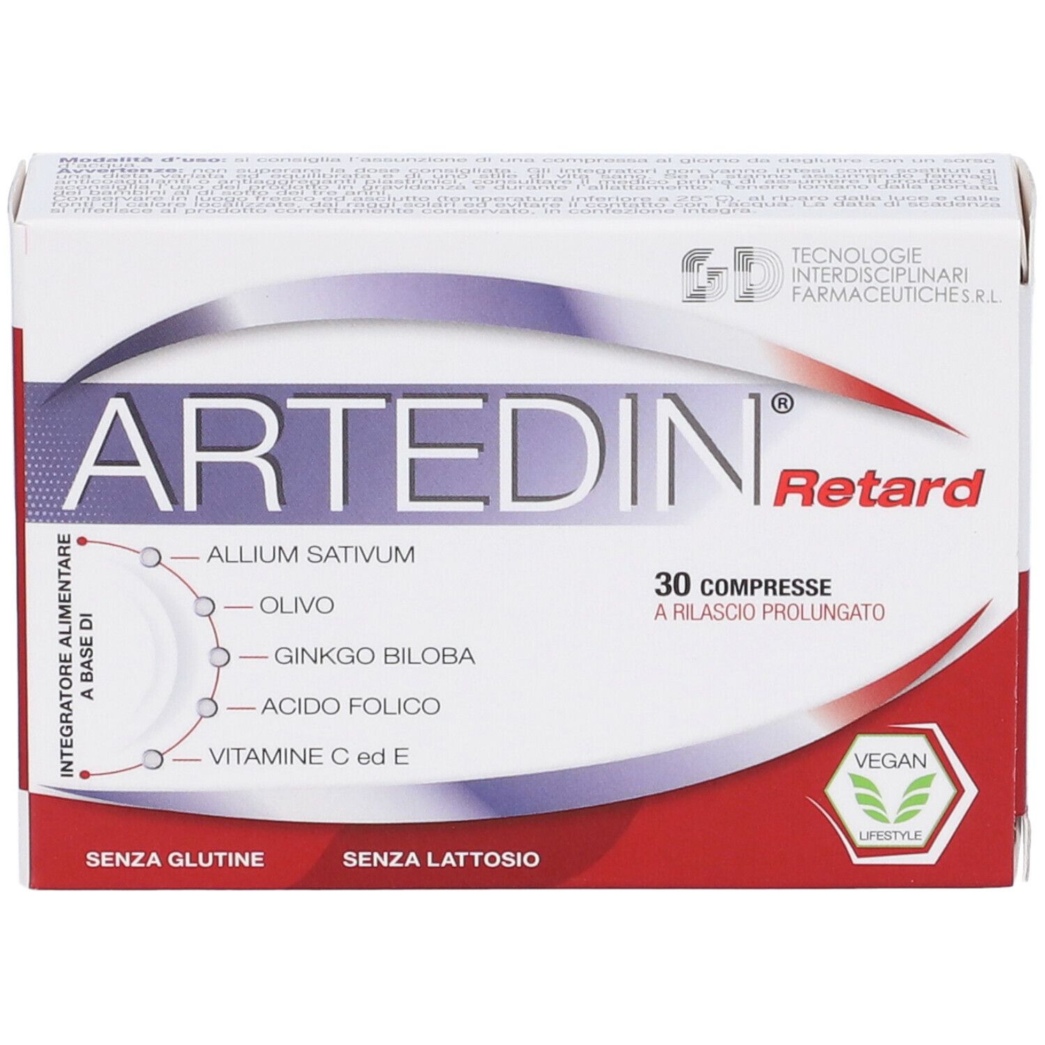 Scatola "Artedin Retard" con 30 compresse. Contiene aglio, oliva, Ginkgo Biloba. Sigillo vegano. Vista dall'alto.