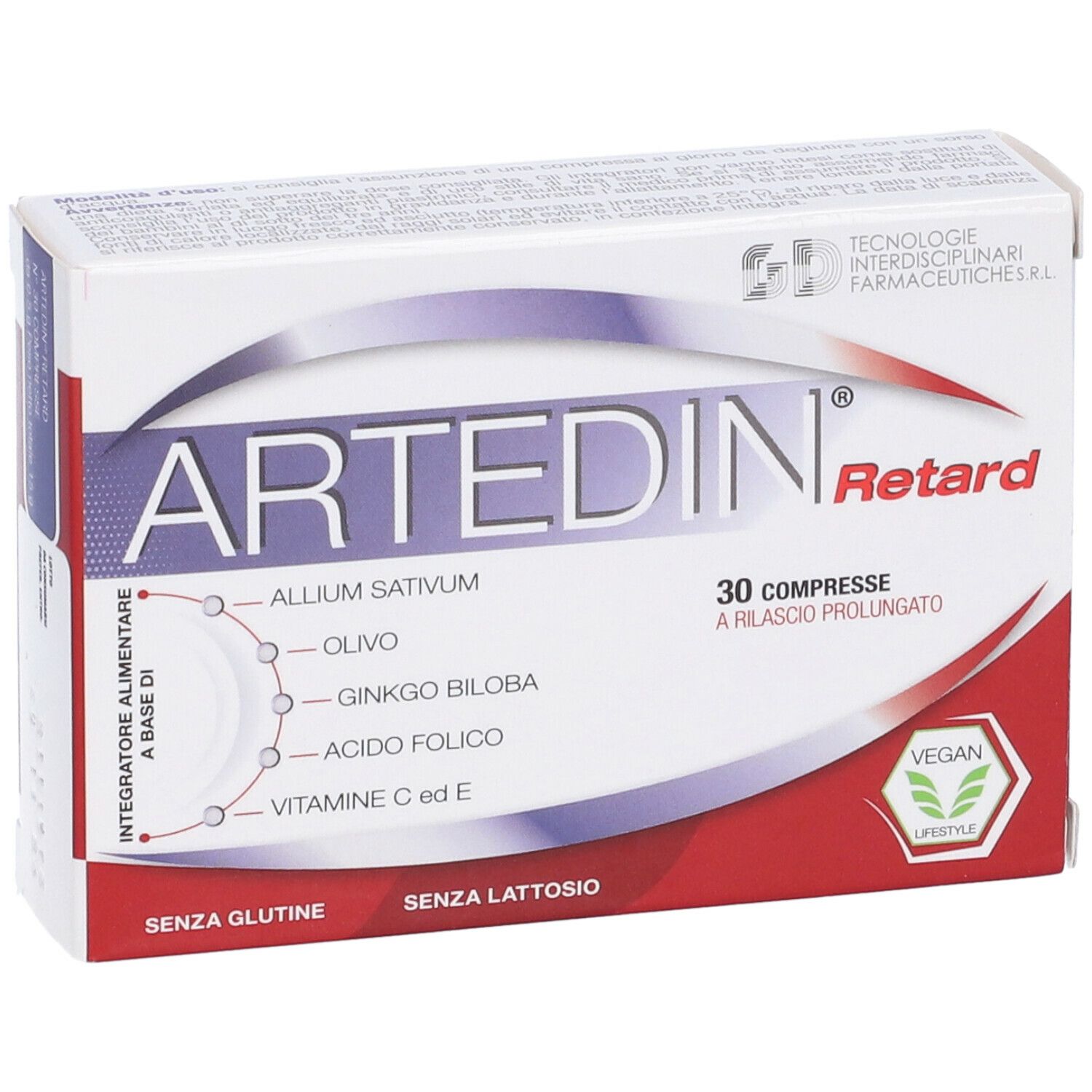 Scatola "Artedin Retard" con 30 compresse. Contiene aglio, oliva, Ginkgo Biloba. Sigillo vegano. Vista prospettica.