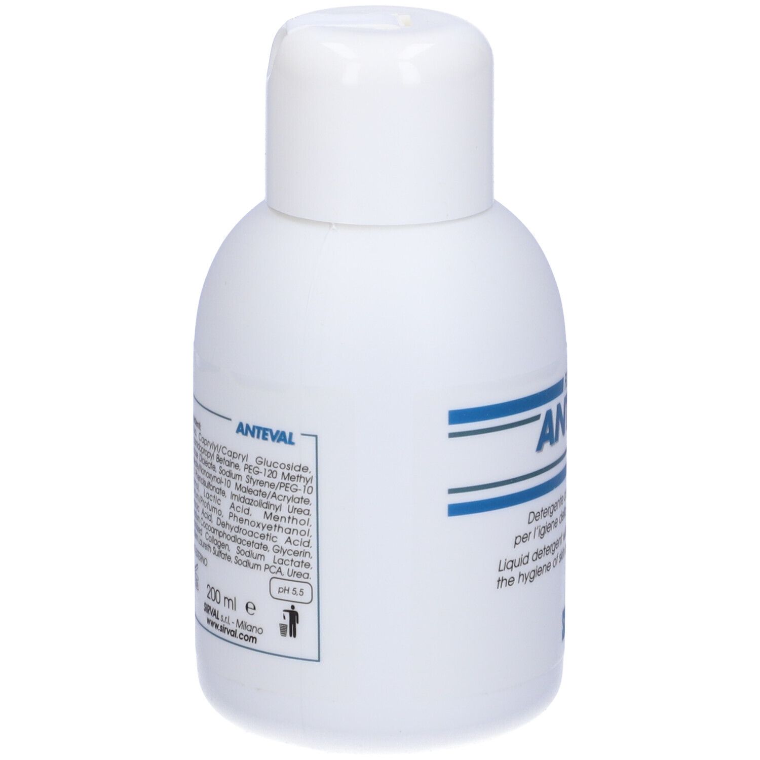 Flacone bianco con testo blu. Scritto: ANTEVAL. Testo sottostante: Detergente con derivati vegetali per l'igiene della cute e delle mucose.