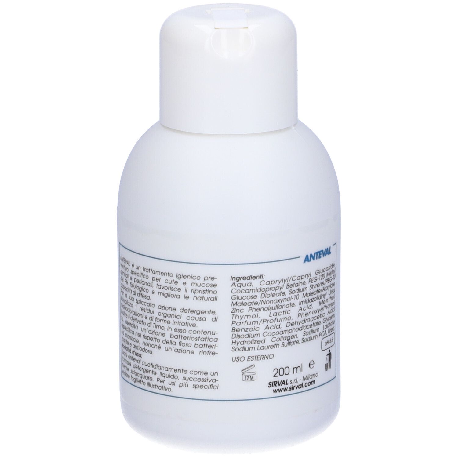 Flacone bianco con testo blu. Scritto: ANTEVAL. Testo sottostante: Detergente con derivati vegetali per l'igiene della cute e delle mucose.