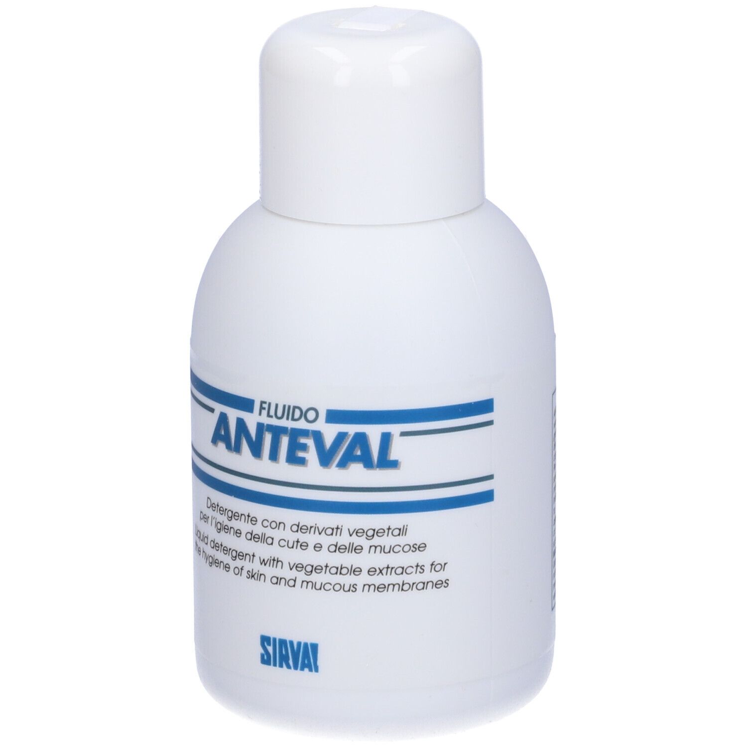 Flacone bianco con testo blu. Scritto: ANTEVAL. Testo sottostante: Detergente con derivati vegetali per l'igiene della cute e delle mucose.