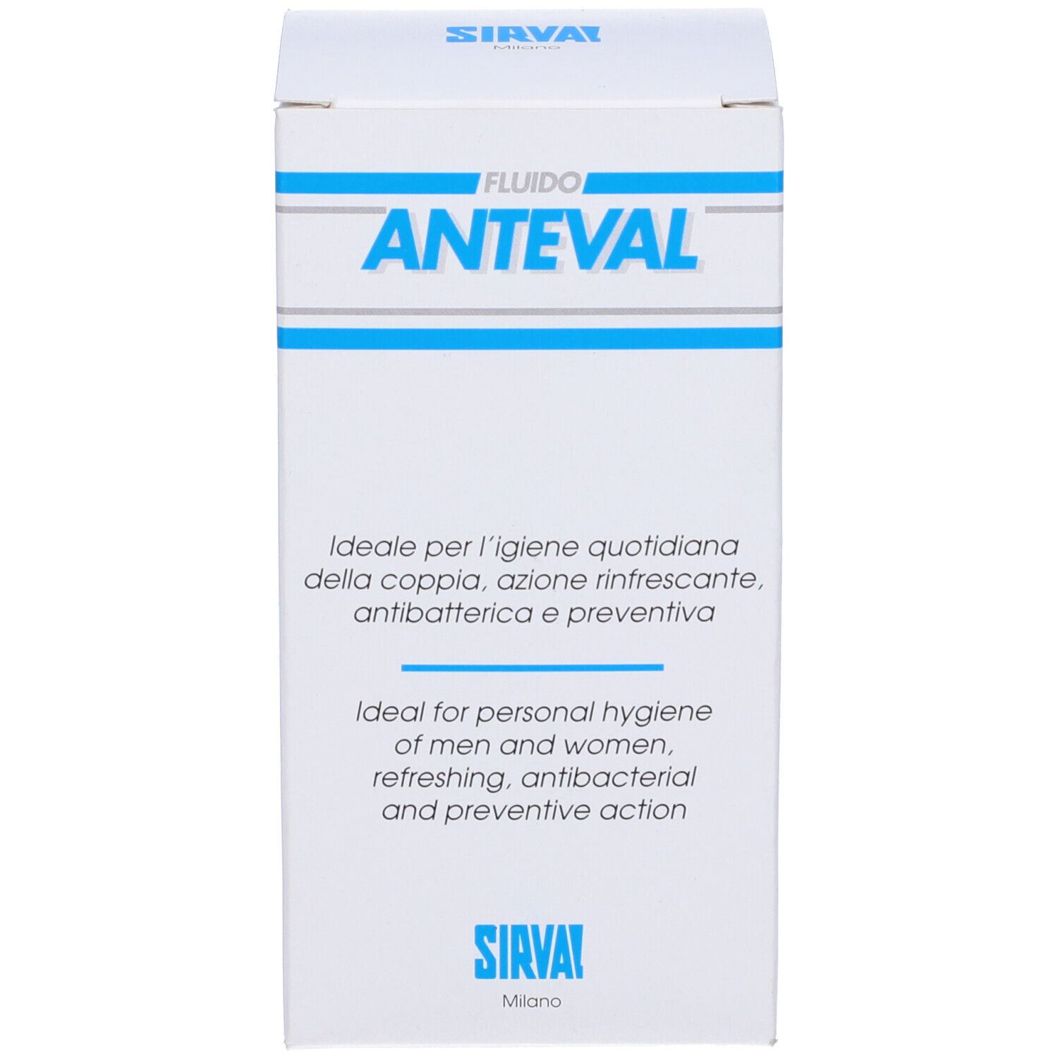 Scatola bianca con testo blu. Scritto: ANTEVAL. Testo: ideale per l'igiene quotidiana della coppia, azione rinfrescante, antibatterica e preventiva.