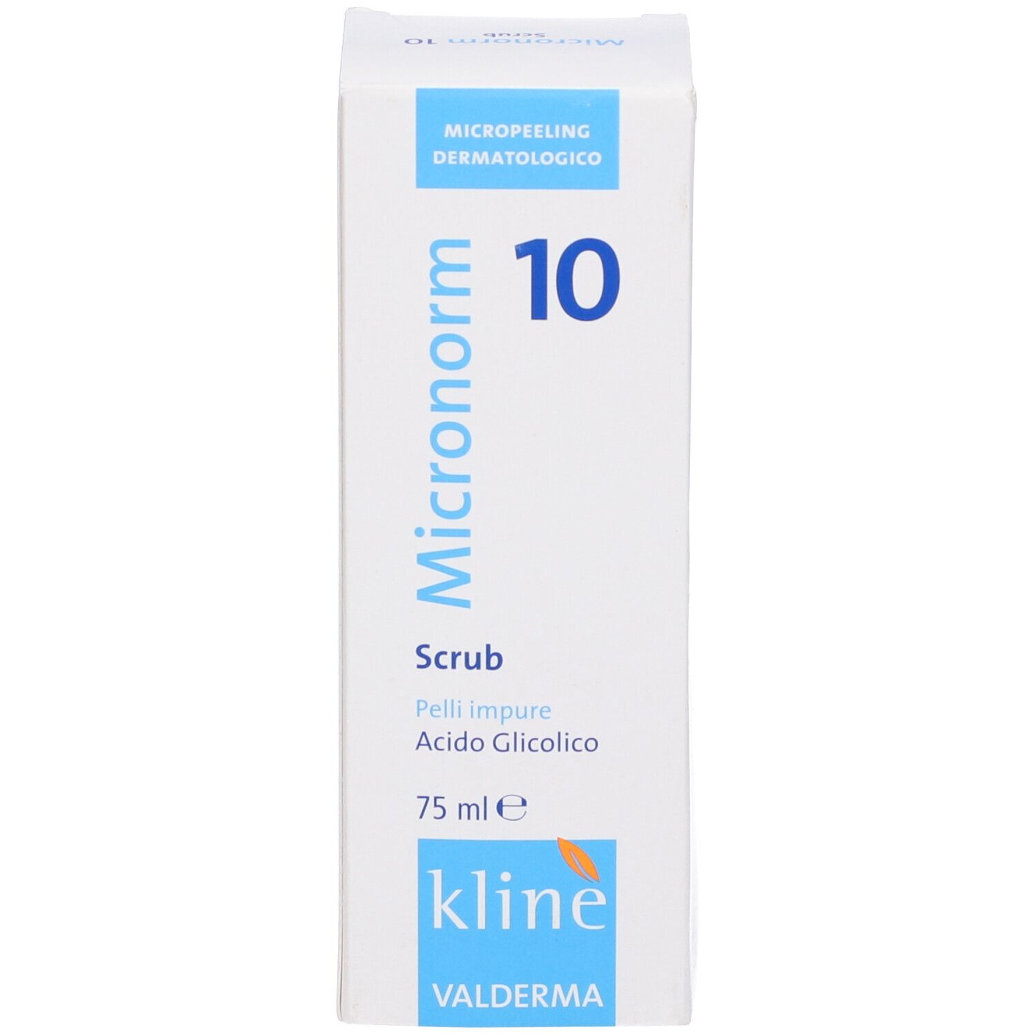 Scatola con testo blu. Nome prodotto: Mikronorm 10. Testo: Scrub, Acido Glicolico. Volume: 75 ml. Marchio: Kline Valderma.