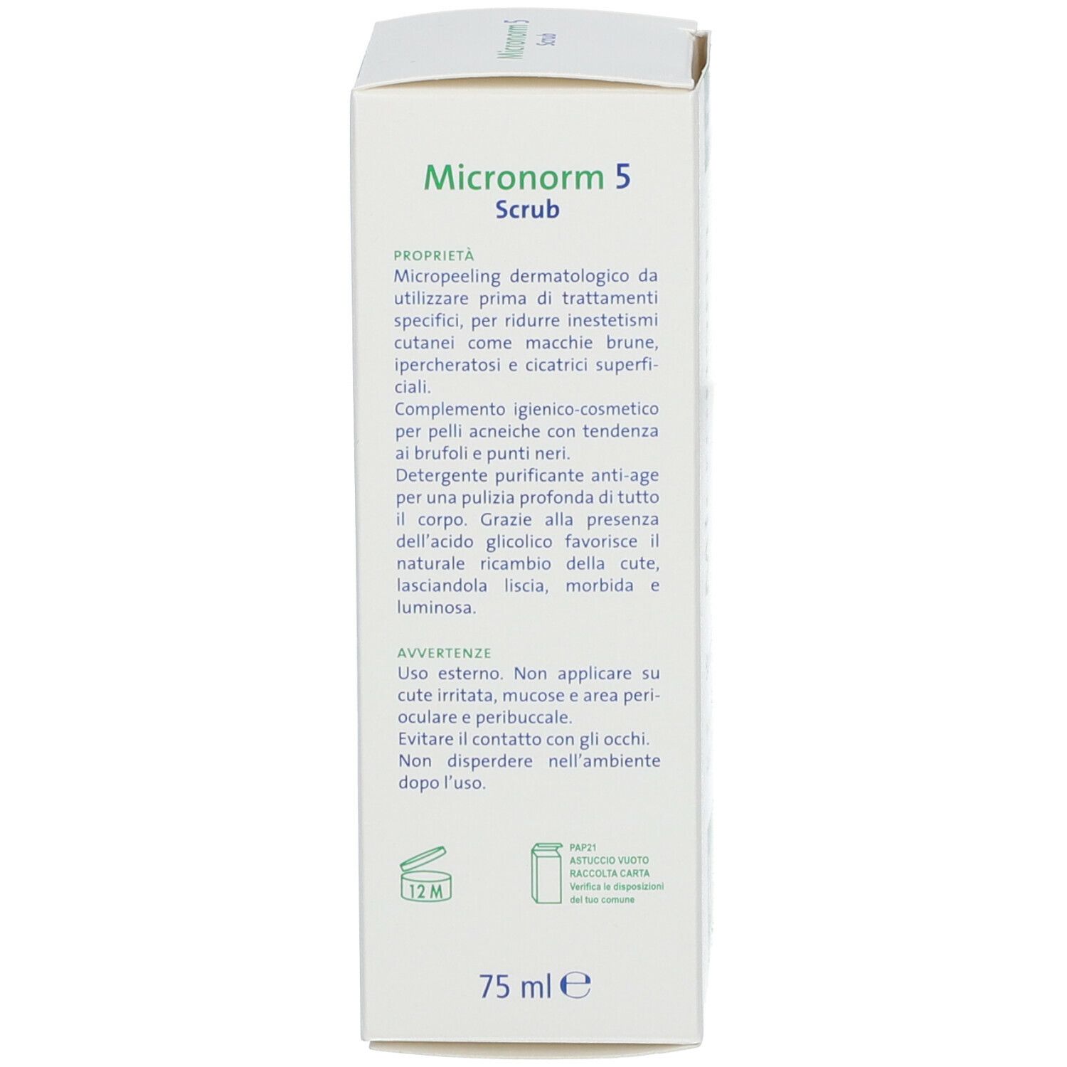 Retro della scatola. Testo: ingredienti, istruzioni per l'uso. Marchio: kline VALDERMA. 75 ml.