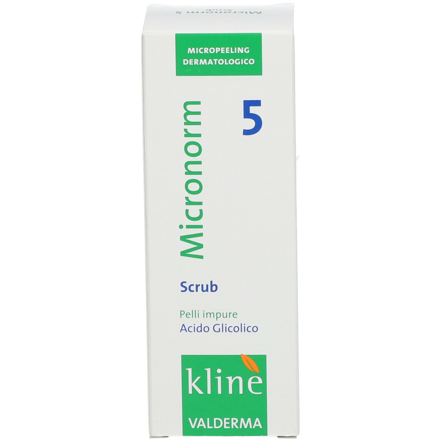 Scatola con scritte verdi e bianche. Scritta: Micronorm 5, Scrub, kline VALDERMA. Prodotto per la pelle.