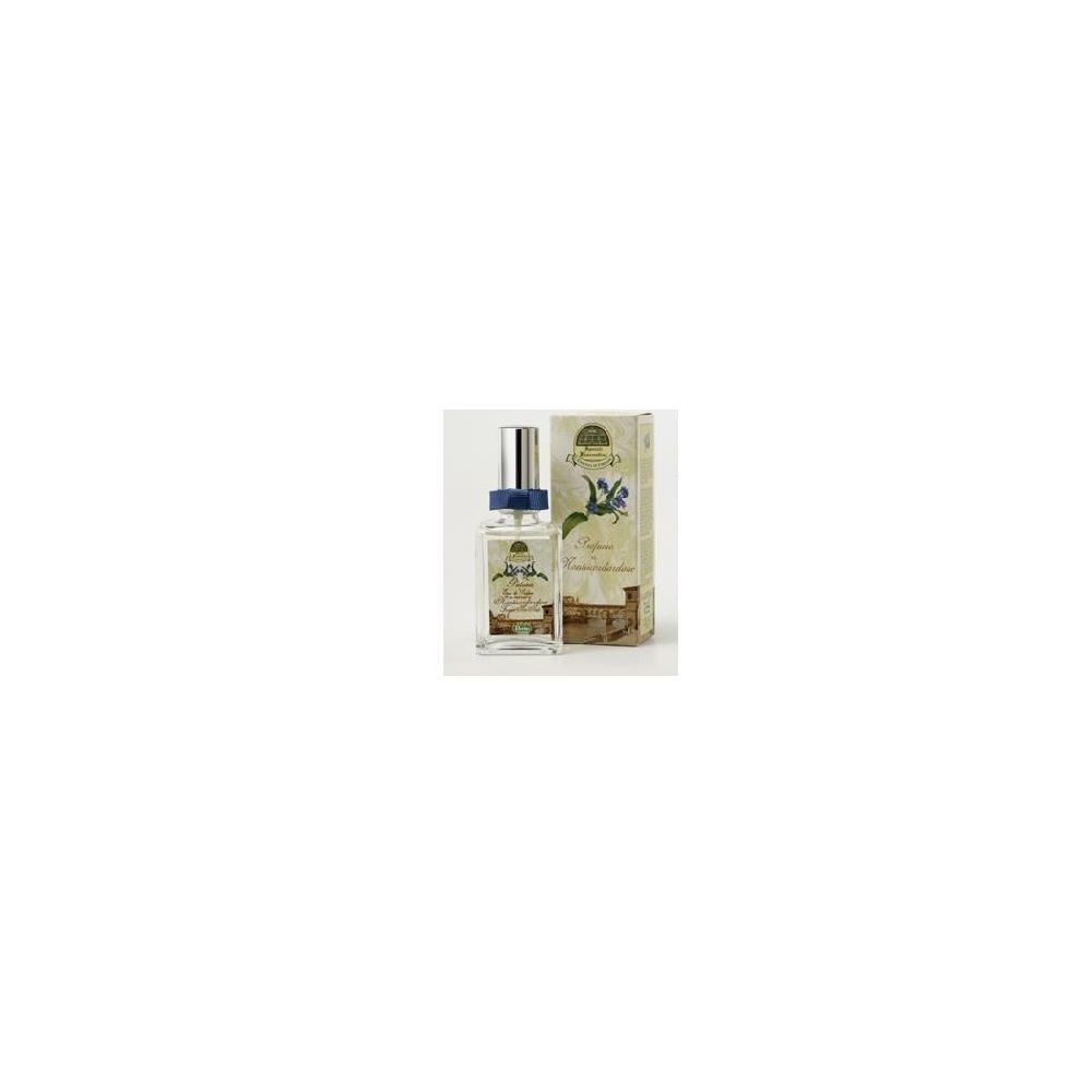 Flacone di profumo e confezione. Flacone con vaporizzatore argentato e colletto blu. Scatola con design floreale e testo.