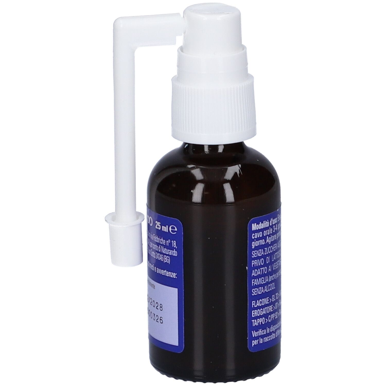 Seitenansicht einer braunen Glasflasche mit weißem Sprühkopf und langem Applikator. Blaue Banderole mit Produktinformationen.